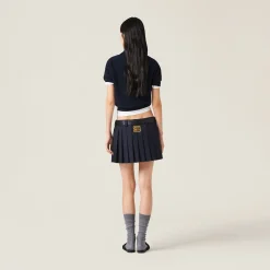 Navy Pleated Batavia Miniskirt | Miu Miu