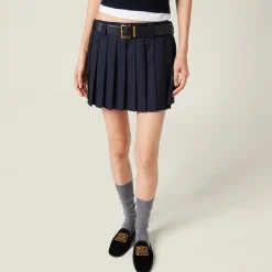 Navy Pleated Batavia Miniskirt | Miu Miu