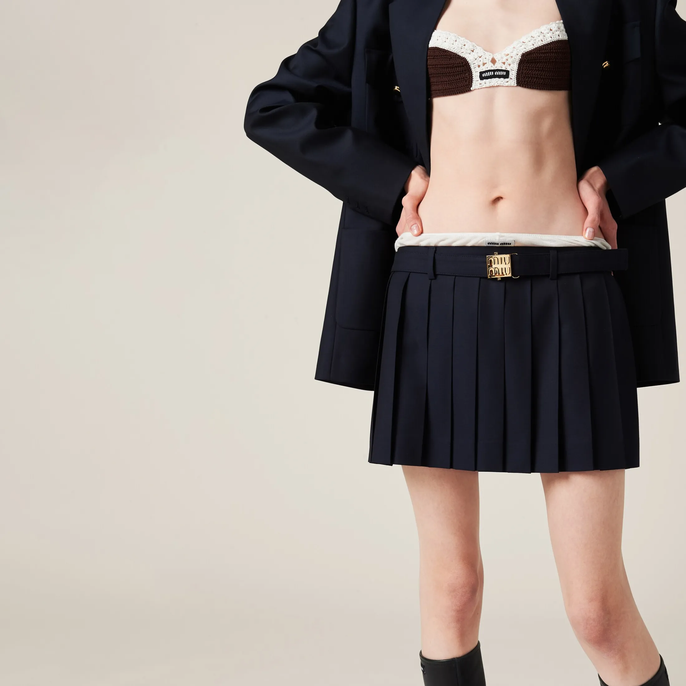 Navy Pleated Batavia Miniskirt | Miu Miu