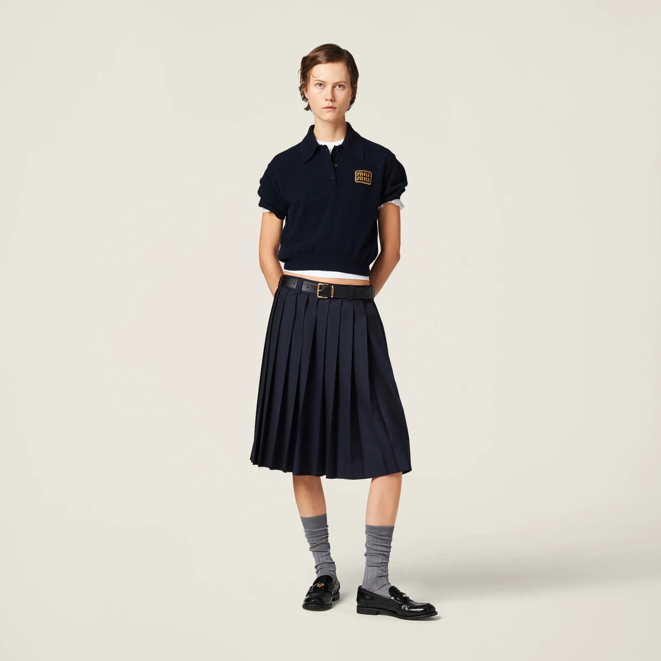 Navy Pleated Batavia Skirt | Miu Miu