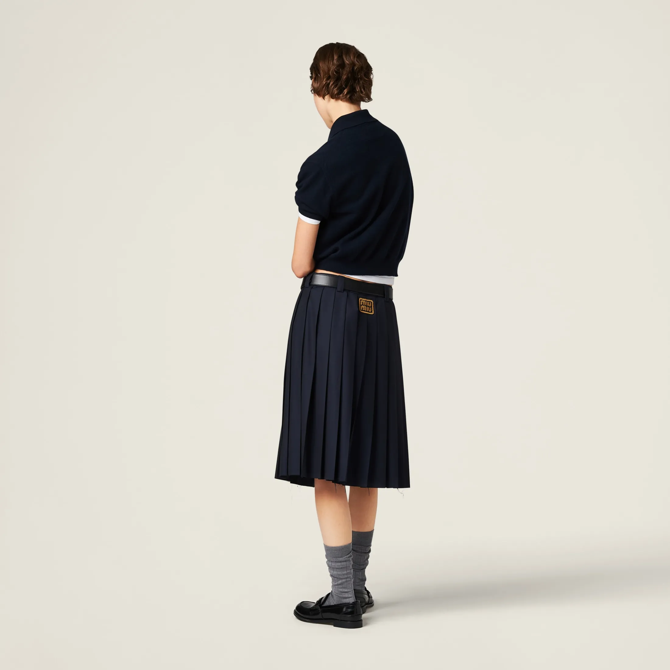 Navy Pleated Batavia Skirt | Miu Miu