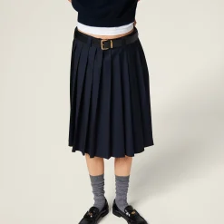 Navy Pleated Batavia Skirt | Miu Miu