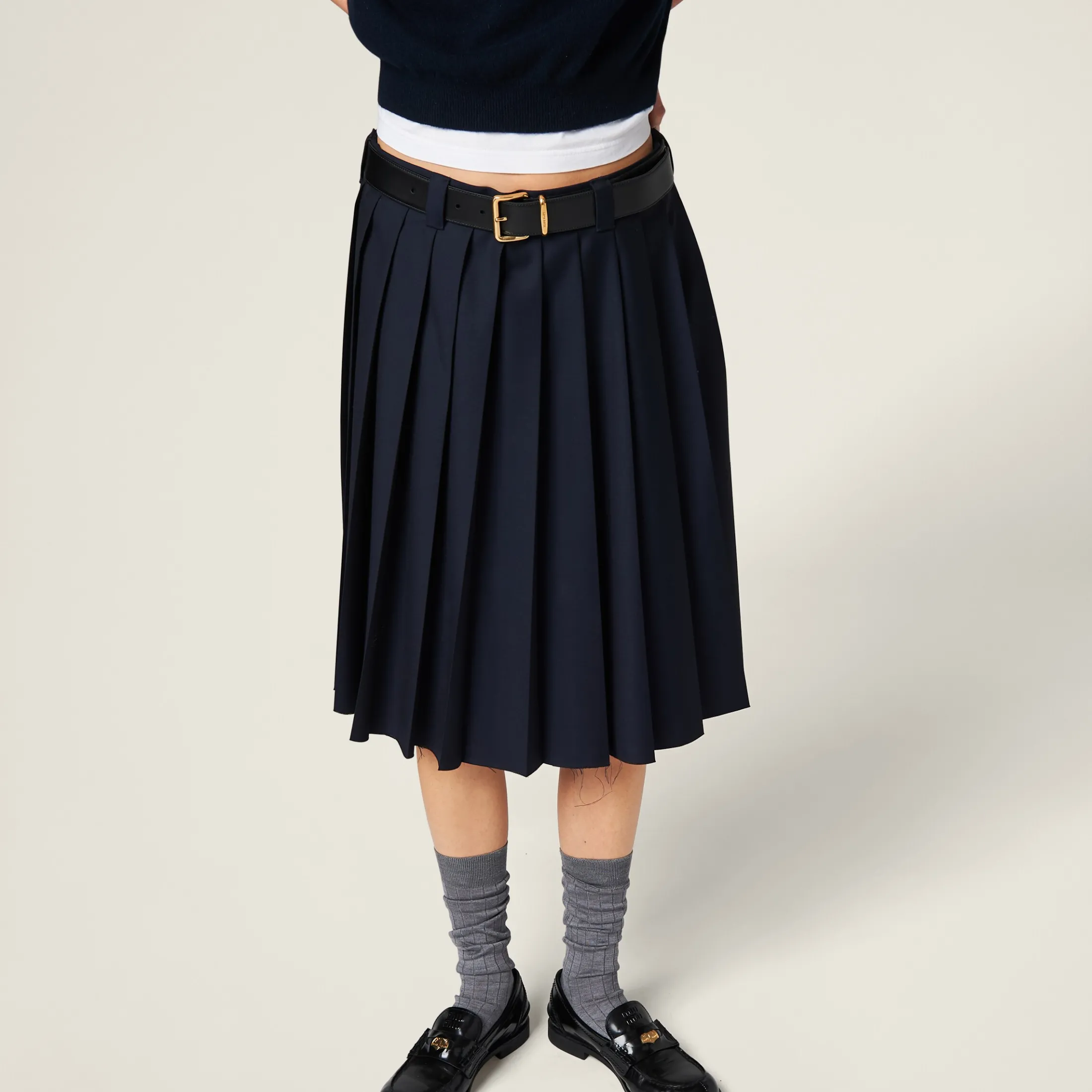 Navy Pleated Batavia Skirt | Miu Miu