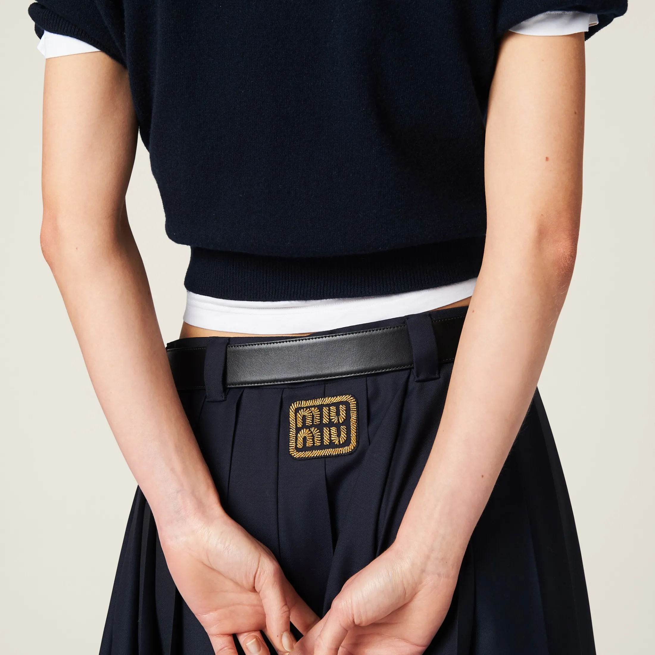 Navy Pleated Batavia Skirt | Miu Miu