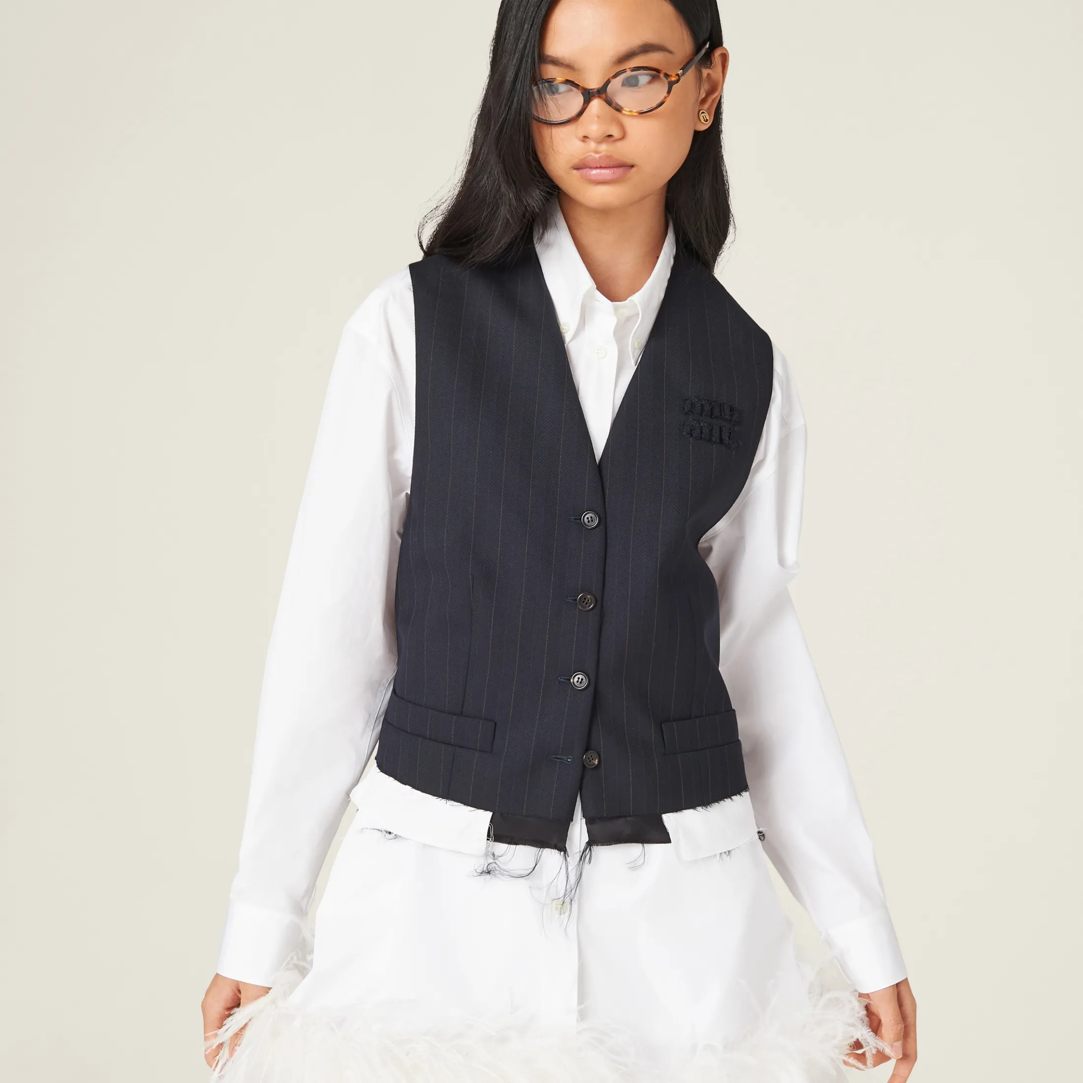 Navy Single-breasted Pinstriped Vest | Miu Miu