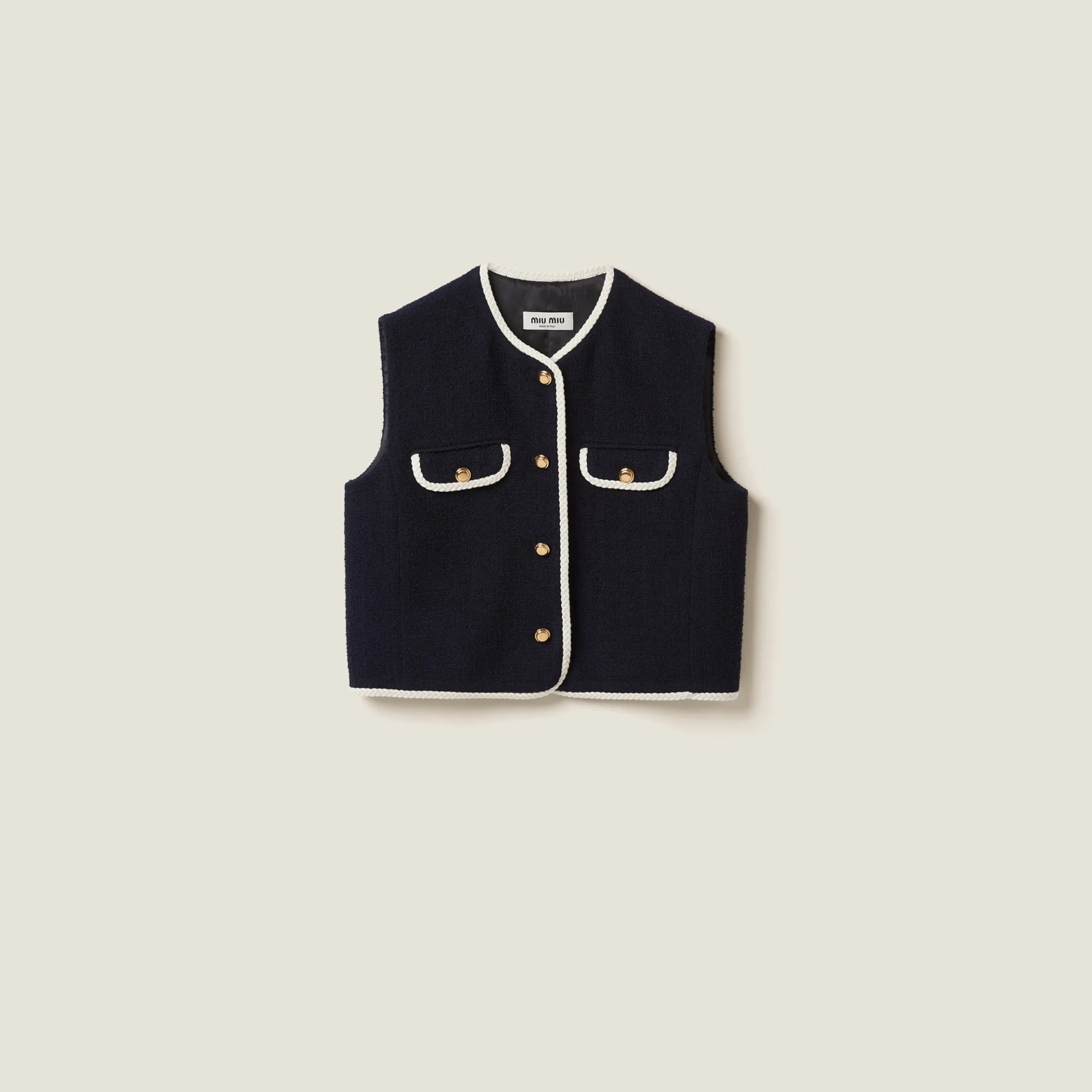 Navy Single-breasted Tweed Vest | Miu Miu