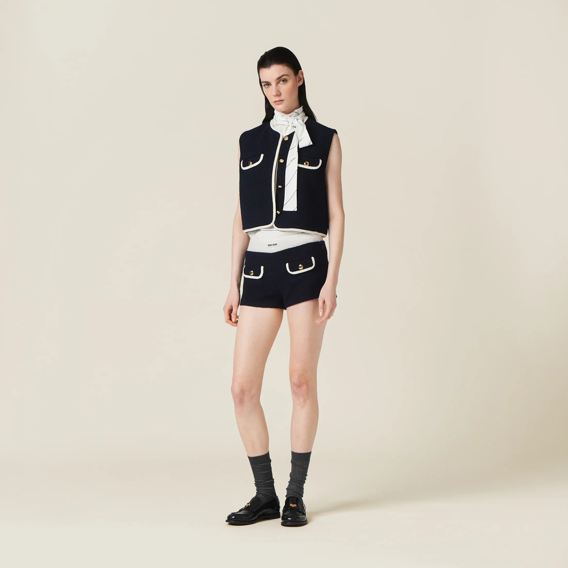 Navy Single-breasted Tweed Vest | Miu Miu