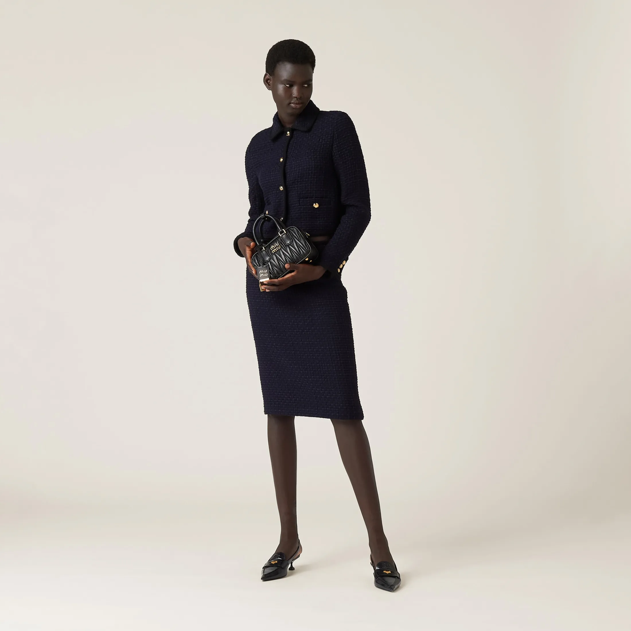 Navy Single-breasted Tweed Jacket | Miu Miu