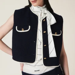 Navy Single-breasted Tweed Vest | Miu Miu