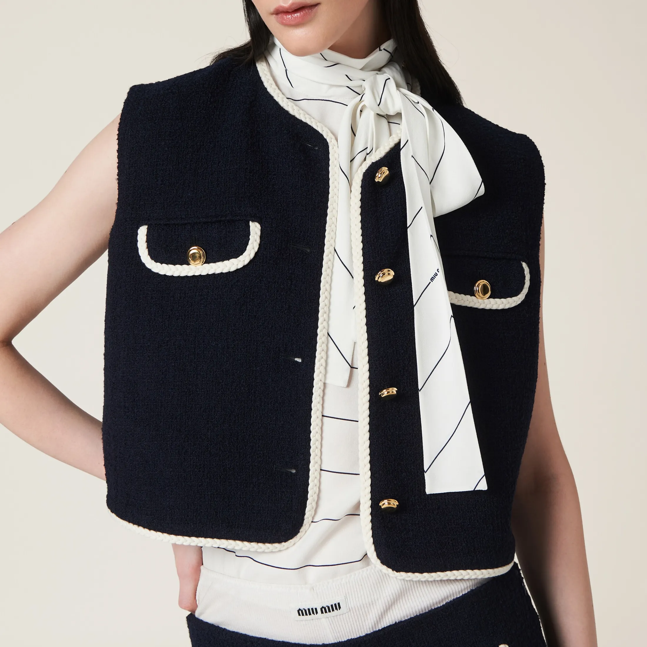 Navy Single-breasted Tweed Vest | Miu Miu