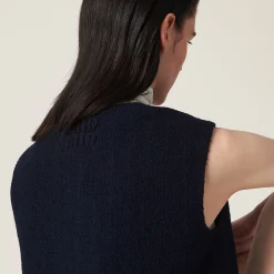 Navy Single-breasted Tweed Vest | Miu Miu