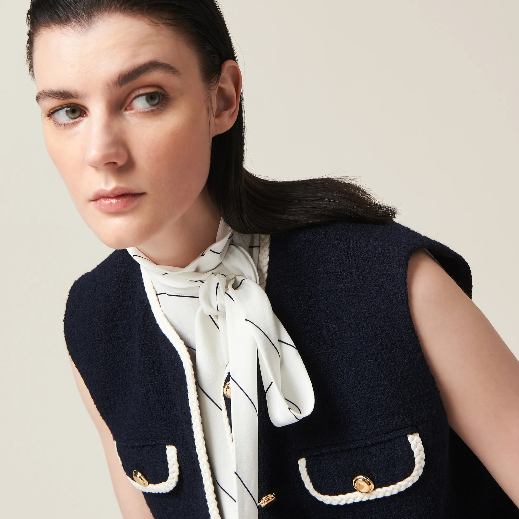 Navy Single-breasted Tweed Vest | Miu Miu