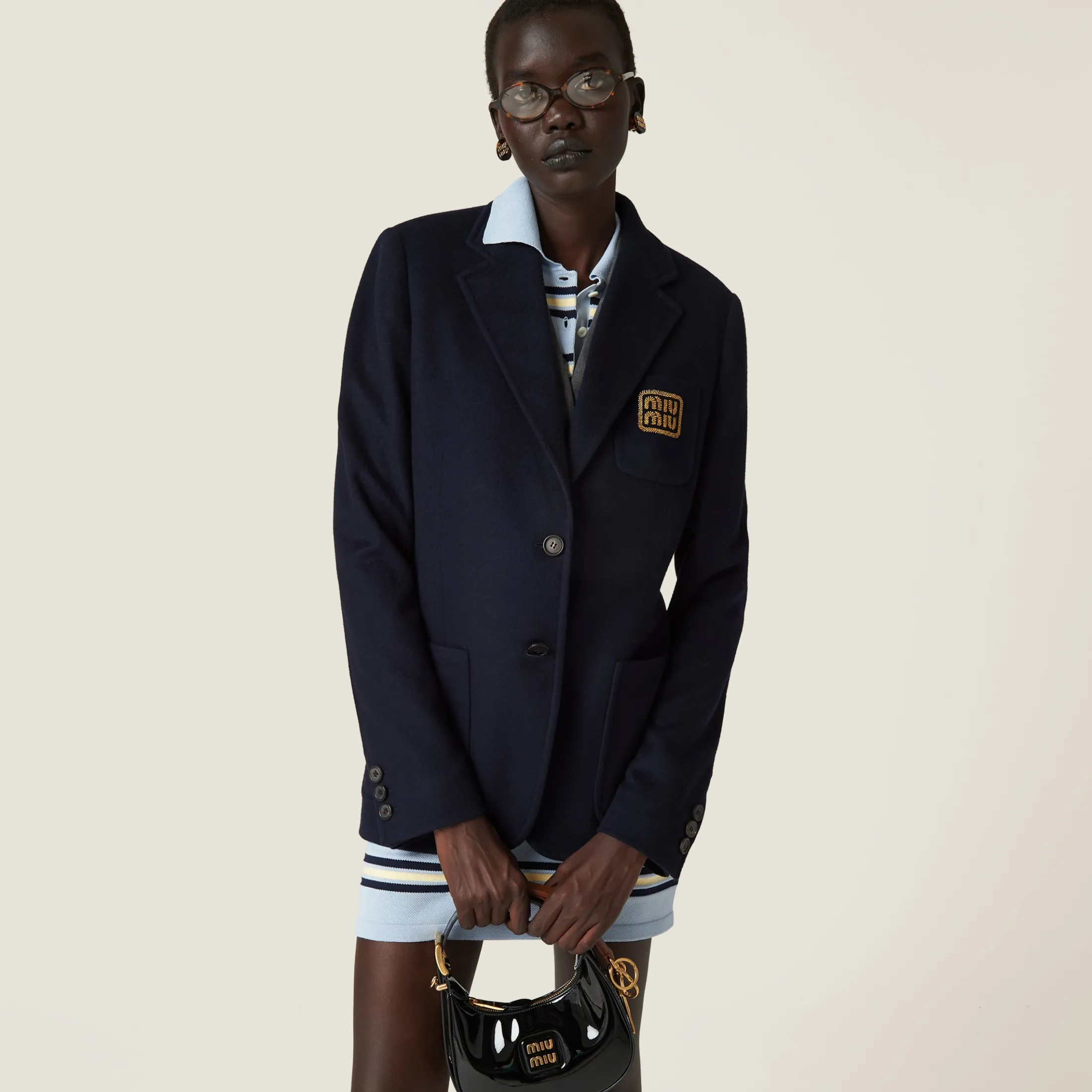 Navy Single-breasted Velour Jacket | Miu Miu