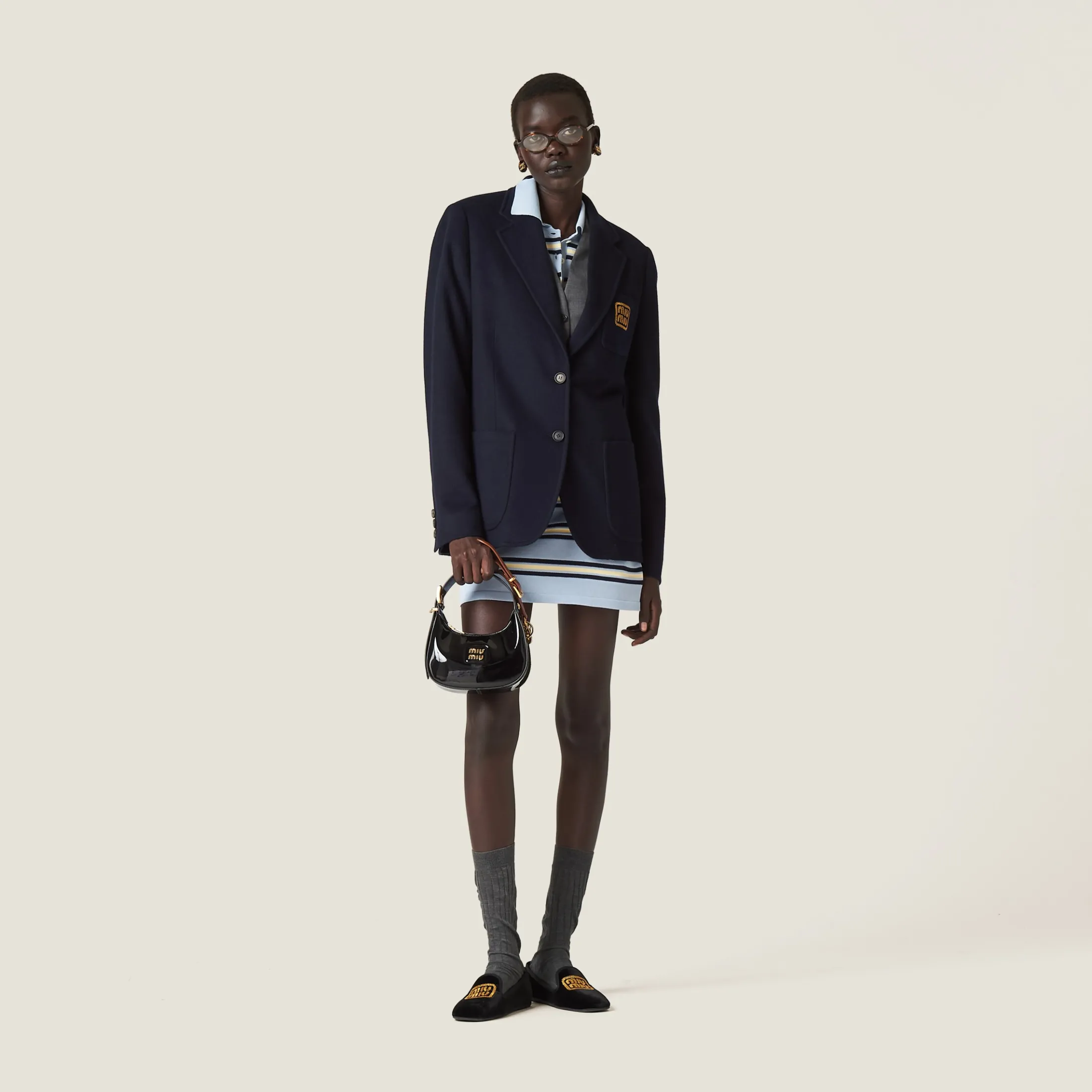 Navy Single-breasted Velour Jacket | Miu Miu