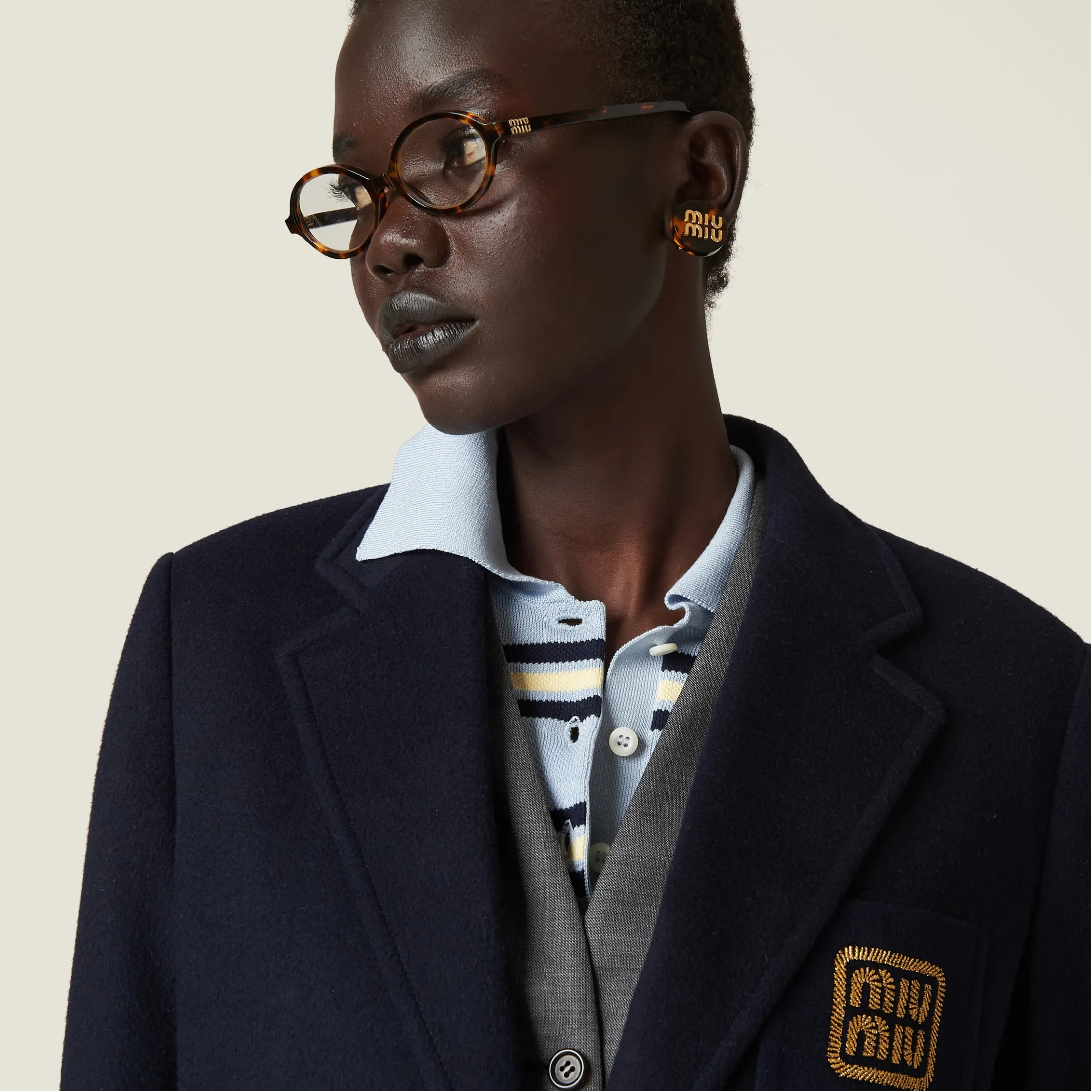 Navy Single-breasted Velour Jacket | Miu Miu