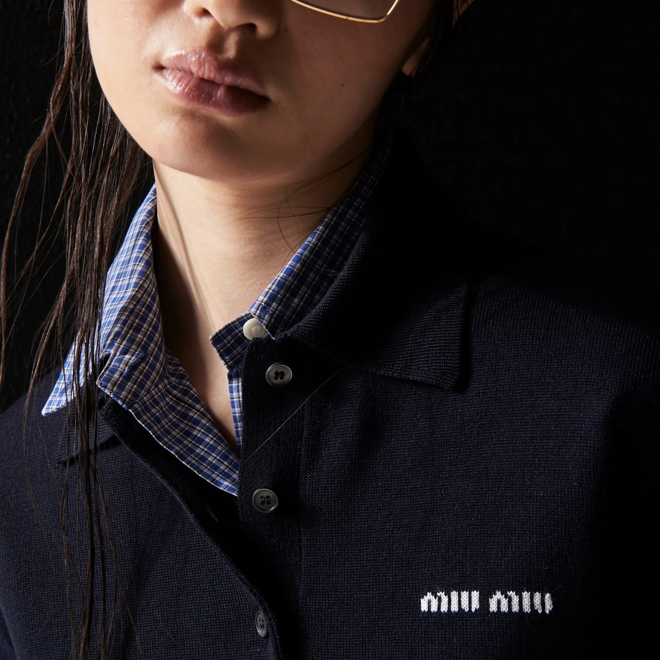 Navy Wool Knit Polo Shirt | Miu Miu