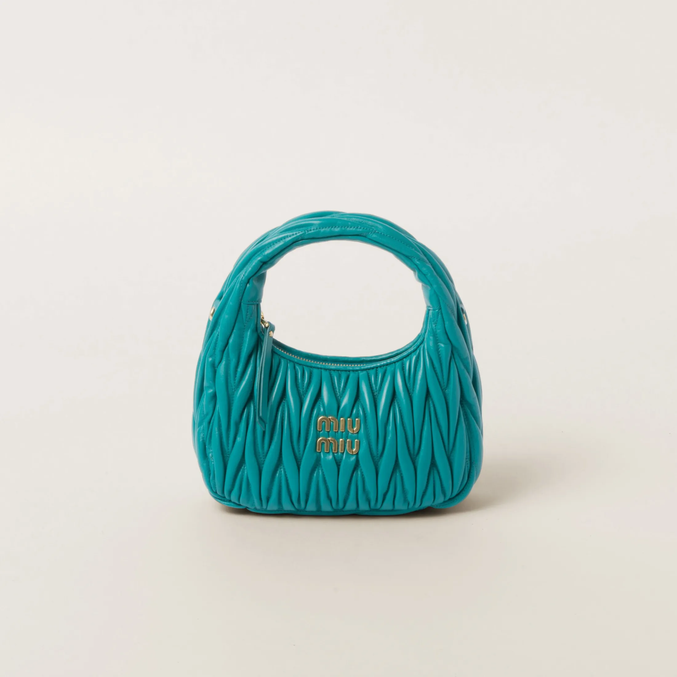 Peacock Blue Wander Matelassé Nappa Leather Hobo Bag | Miu Miu