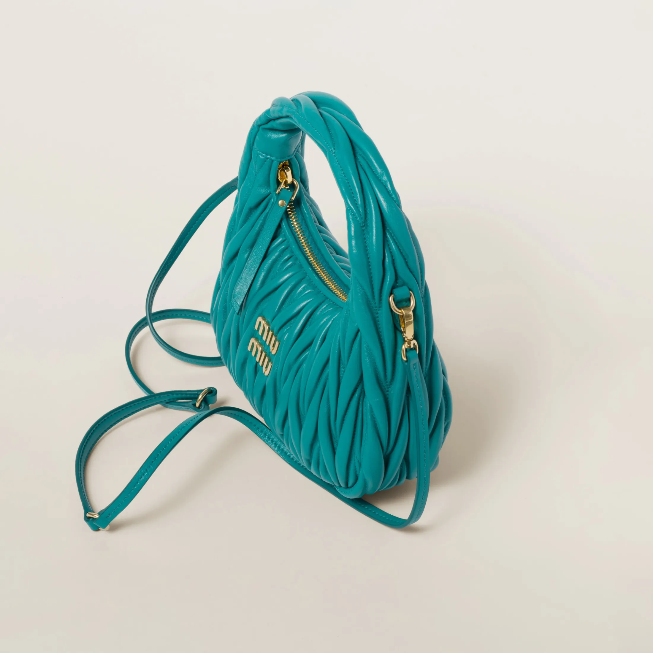 Peacock Blue Wander Matelassé Nappa Leather Hobo Bag | Miu Miu