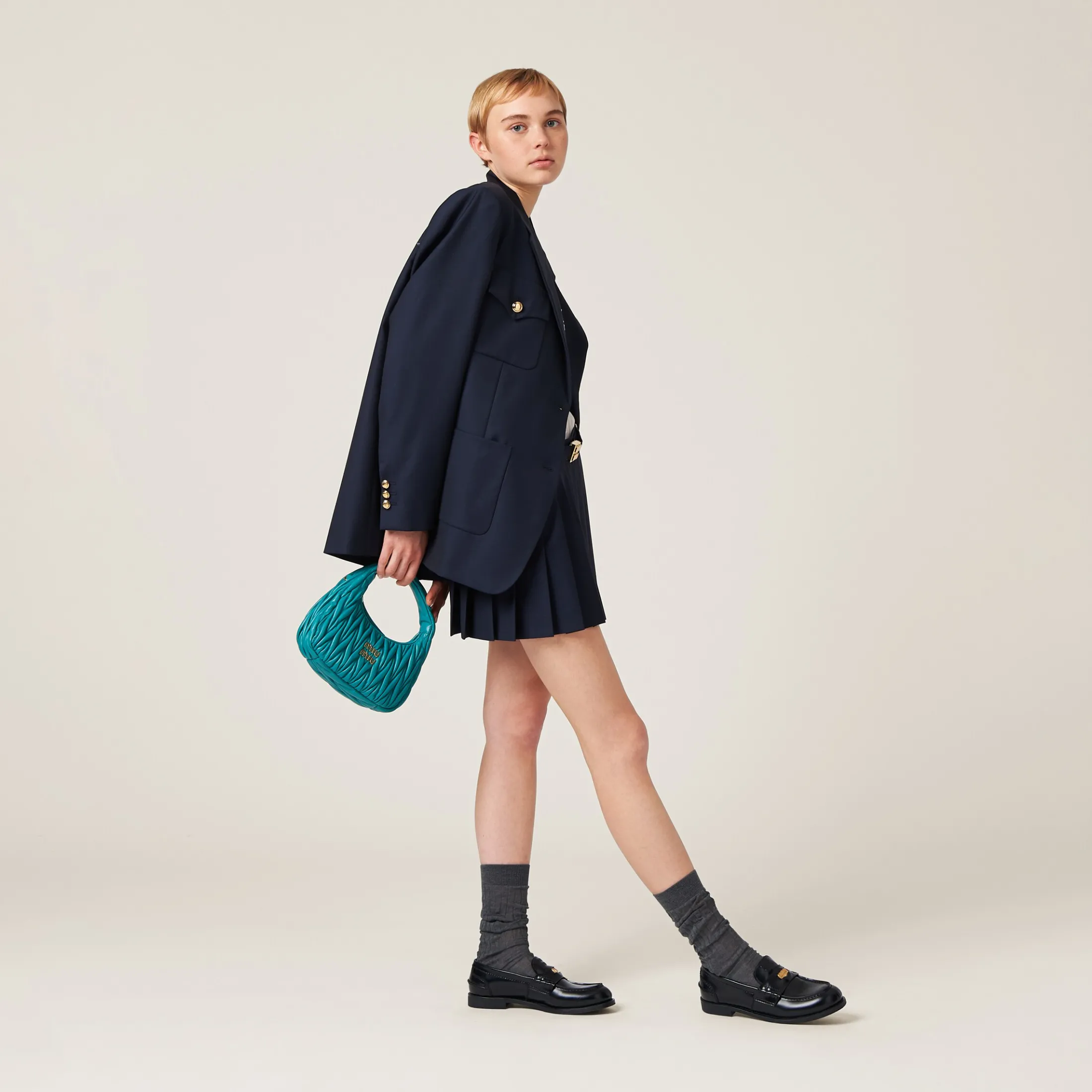 Peacock Blue Wander Matelassé Nappa Leather Hobo Bag | Miu Miu