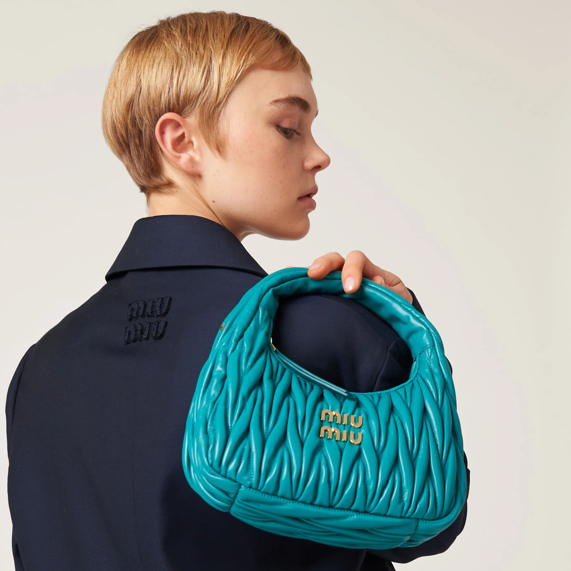 Peacock Blue Wander Matelassé Nappa Leather Hobo Bag | Miu Miu