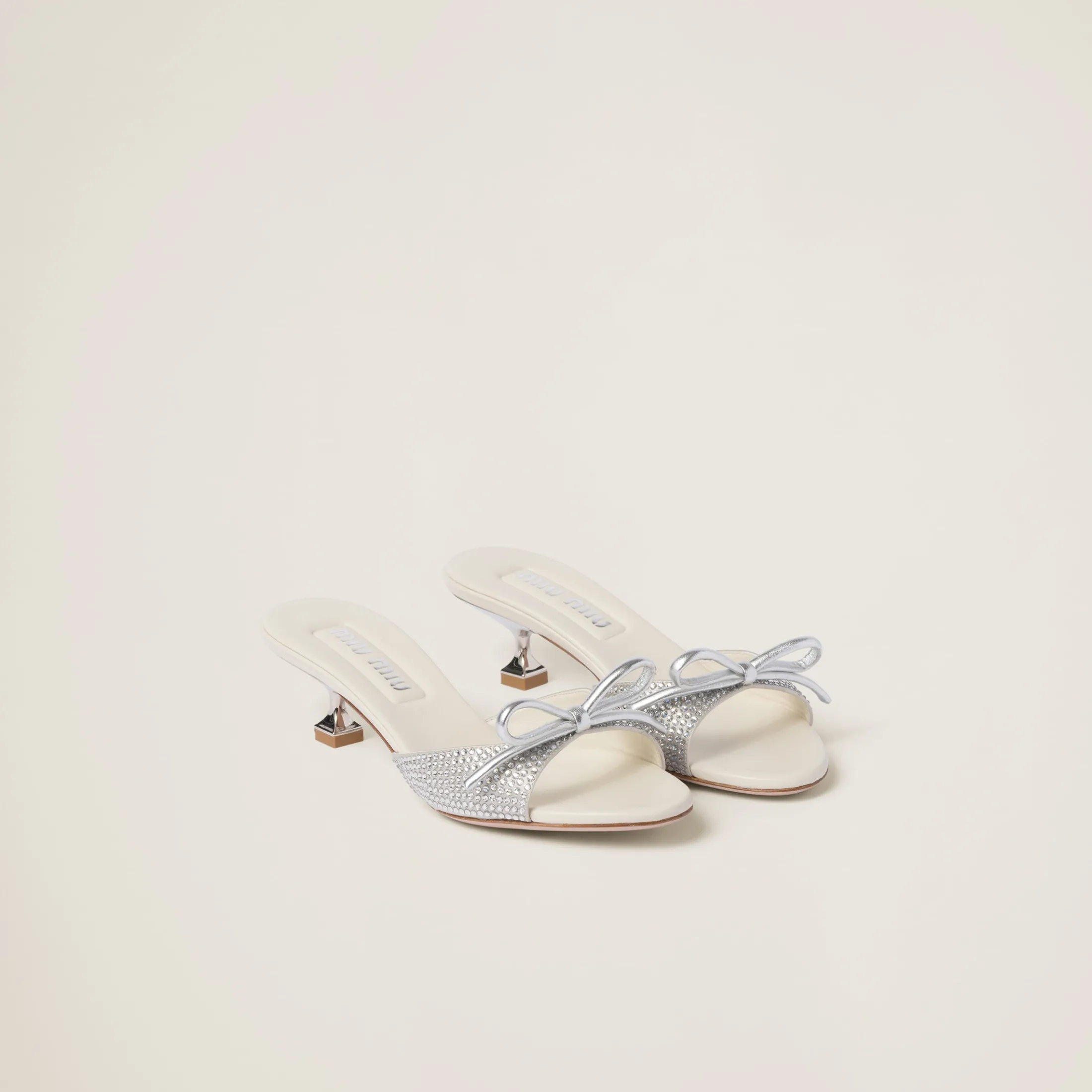 Pearl Gray Satin Sandals With Artificial Crystals | Miu Miu