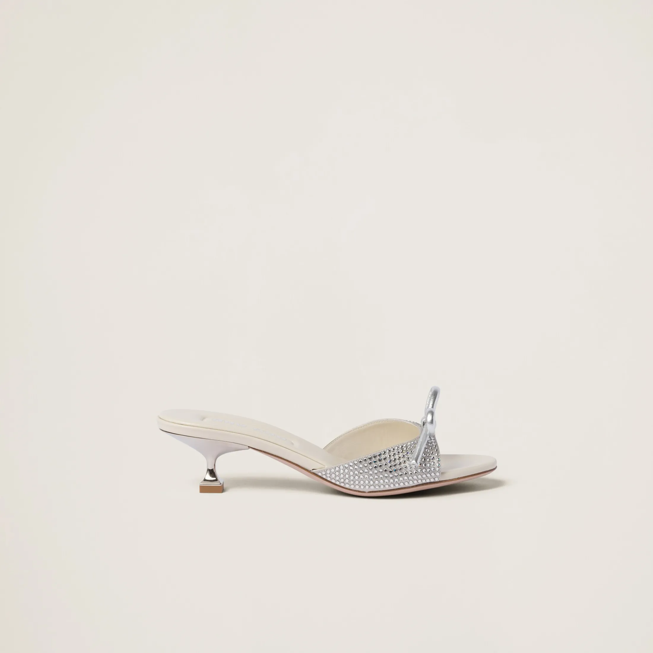 Pearl Gray Satin Sandals With Artificial Crystals | Miu Miu