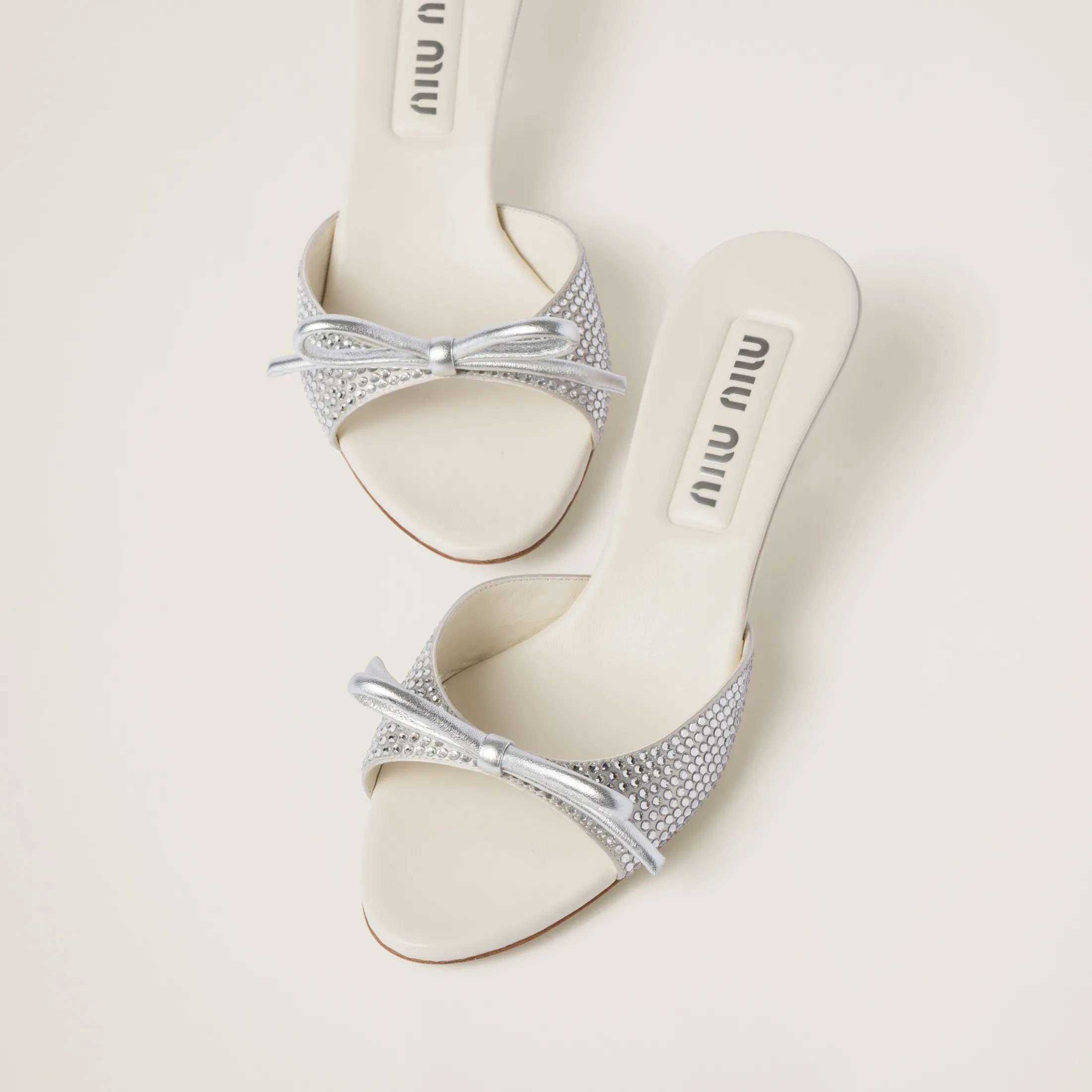 Pearl Gray Satin Sandals With Artificial Crystals | Miu Miu
