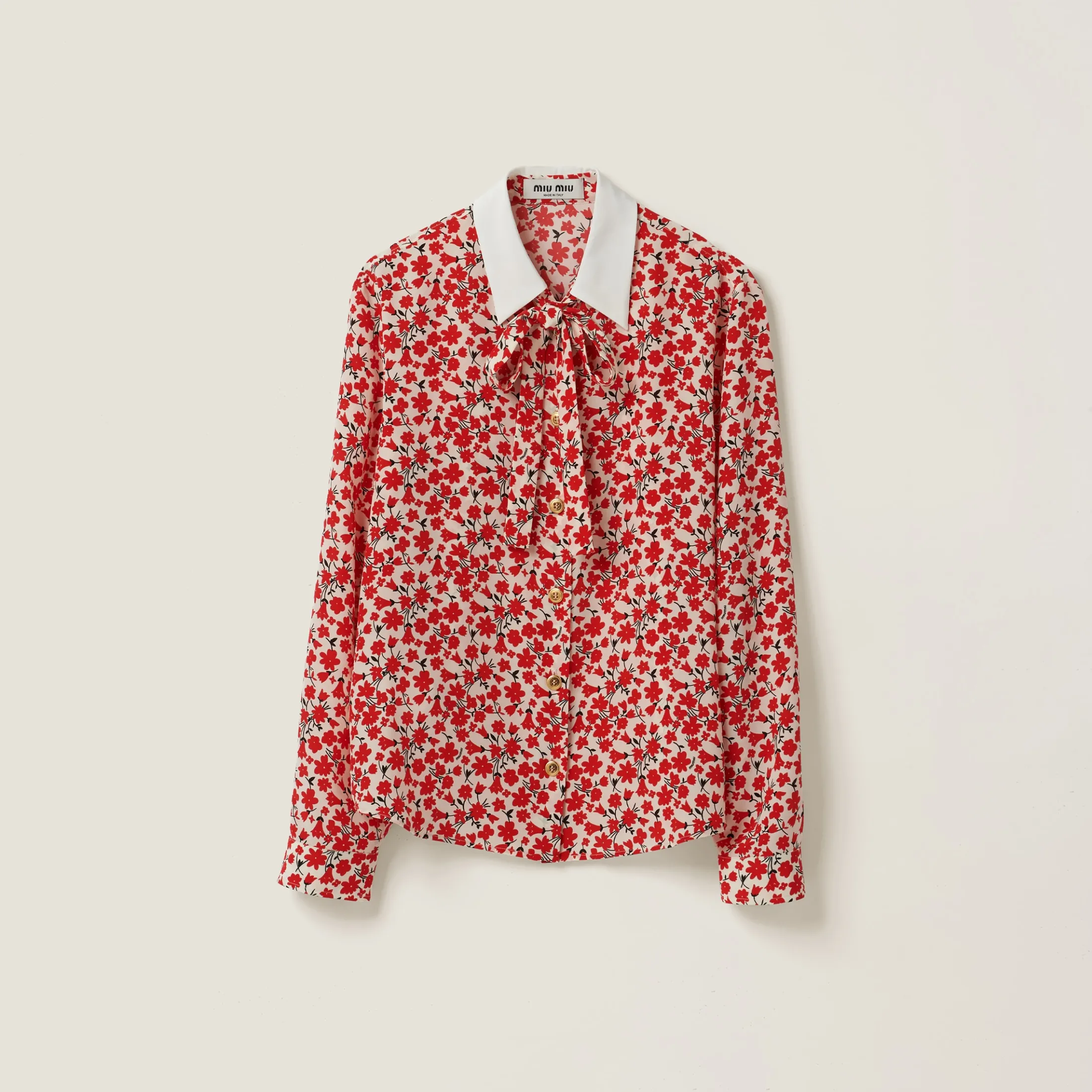 Pomegranate Yellow/red Floral Print Crepe De Chine Shirt | Miu Miu