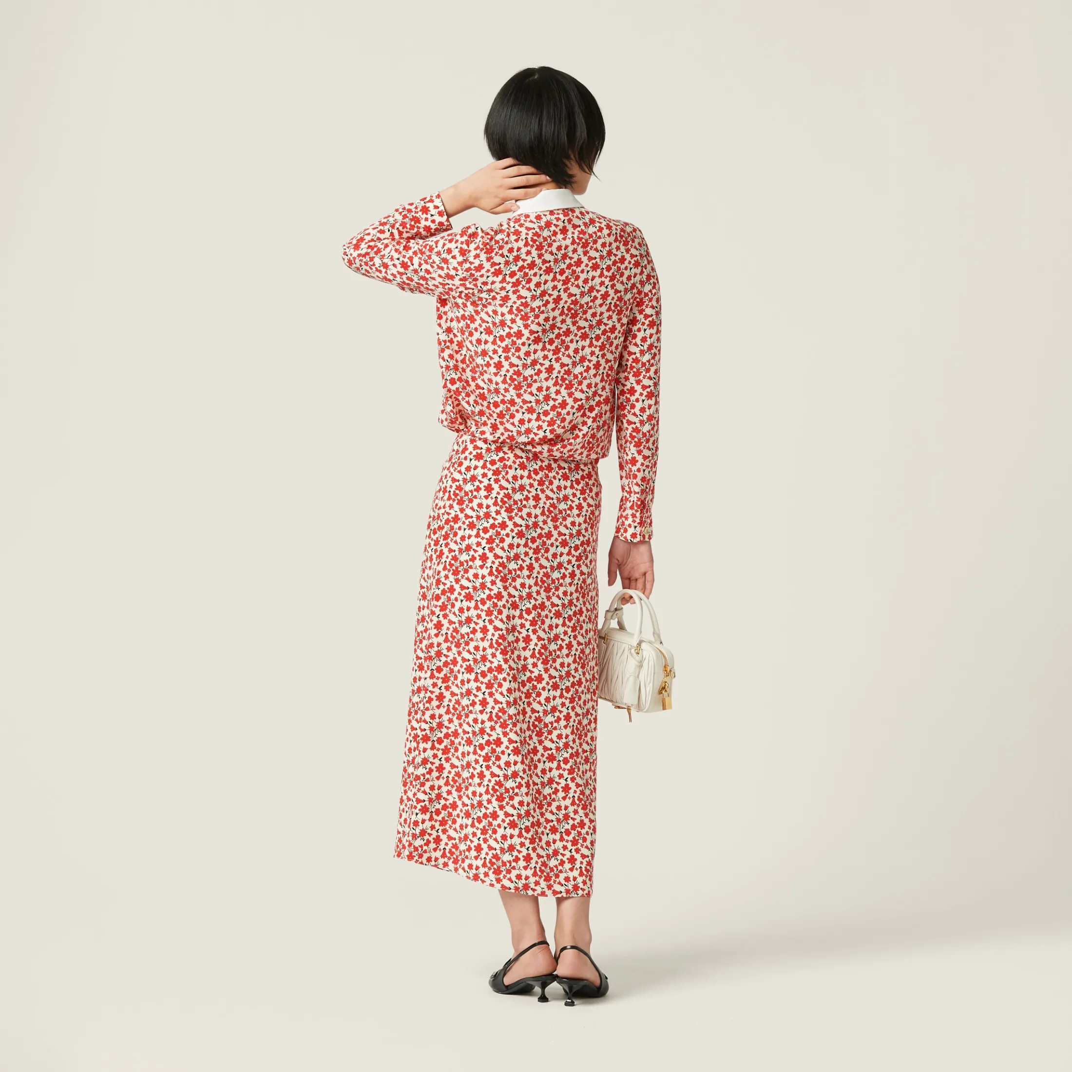 Pomegranate Yellow/red Floral Print Crepe De Chine Skirt | Miu Miu