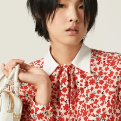 Pomegranate Yellow/red Floral Print Crepe De Chine Shirt | Miu Miu