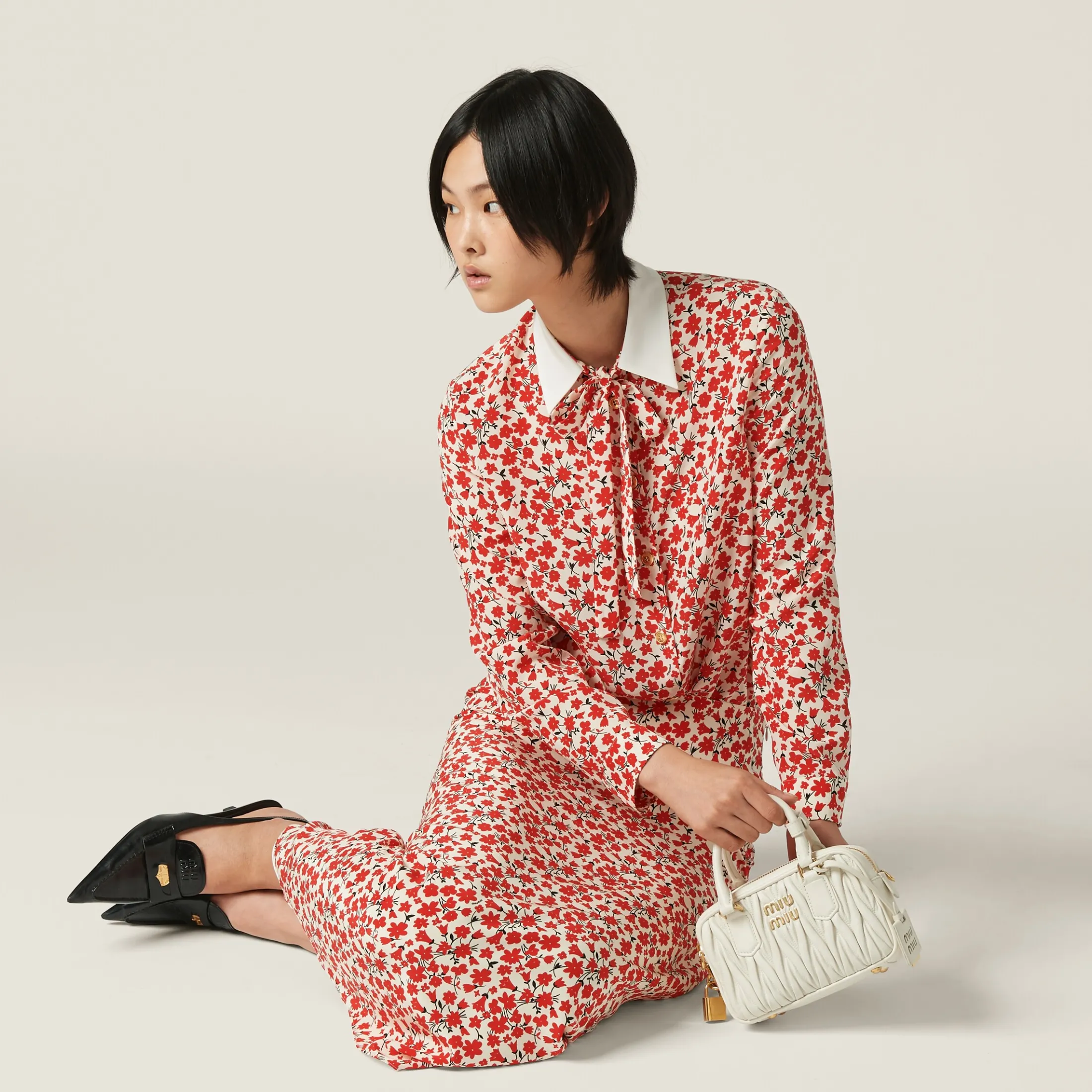 Pomegranate Yellow/red Floral Print Crepe De Chine Skirt | Miu Miu
