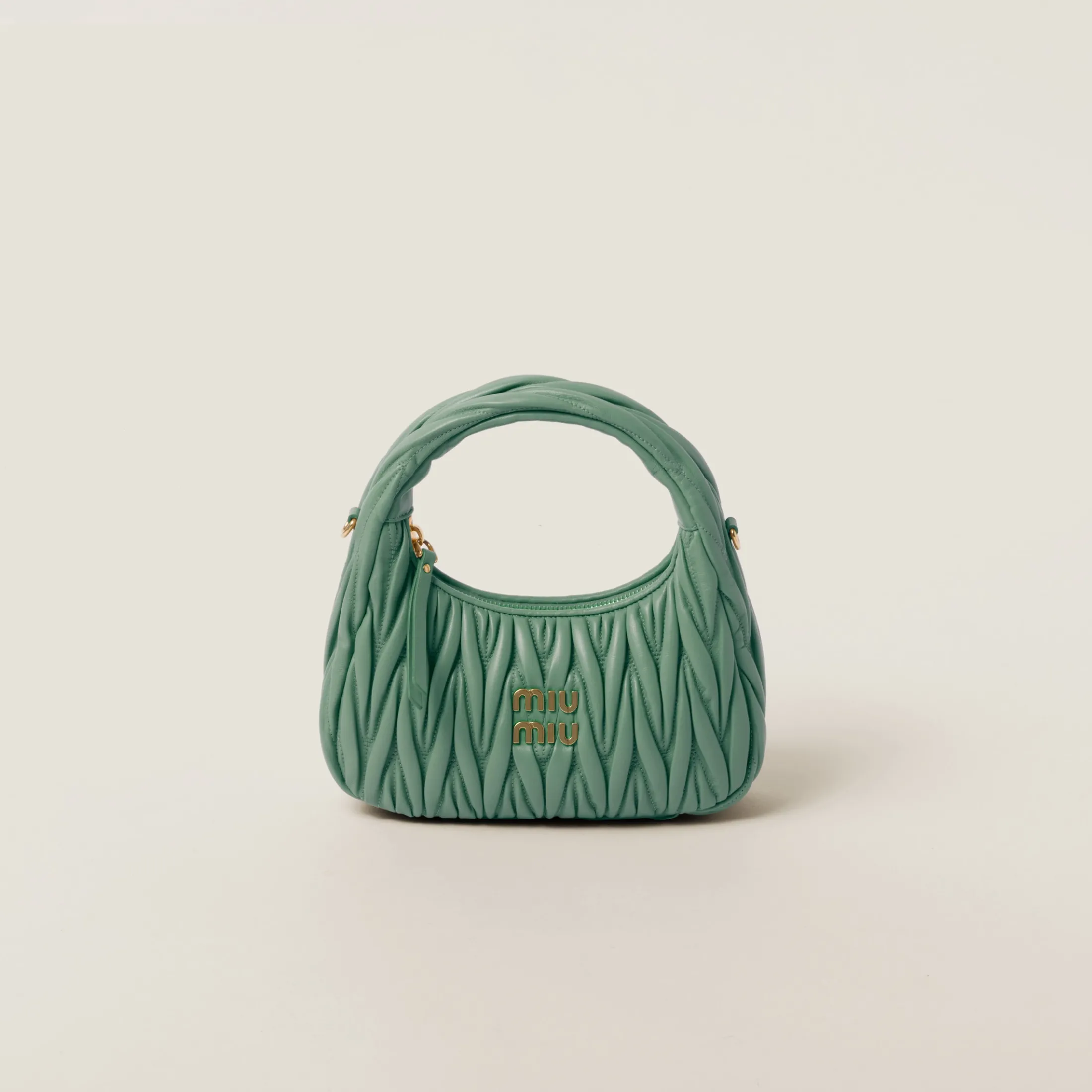 Sage Green Wander Matelassé Nappa Leather Hobo Bag | Miu Miu