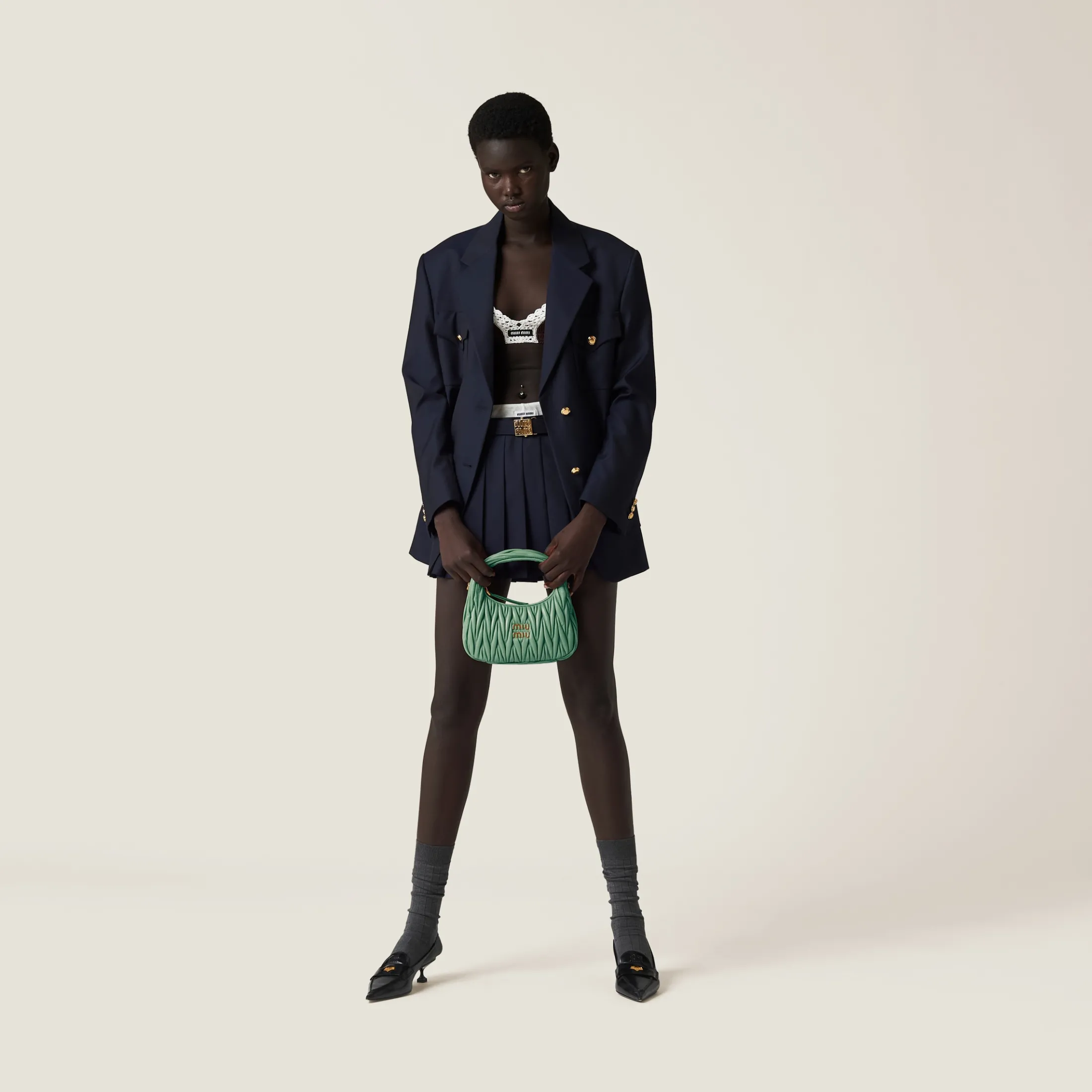 Sage Green Wander Matelassé Nappa Leather Hobo Bag | Miu Miu