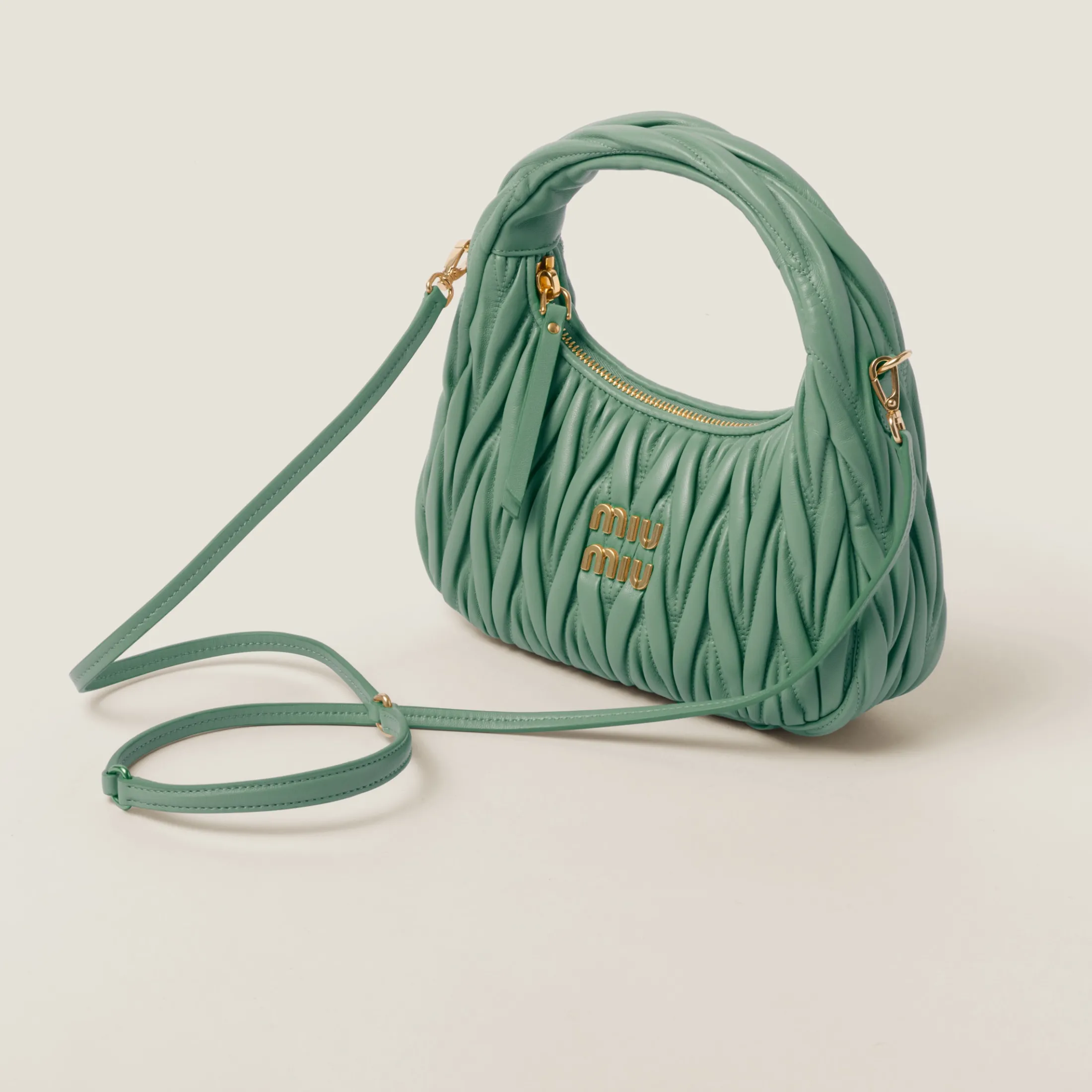 Sage Green Wander Matelassé Nappa Leather Hobo Bag | Miu Miu