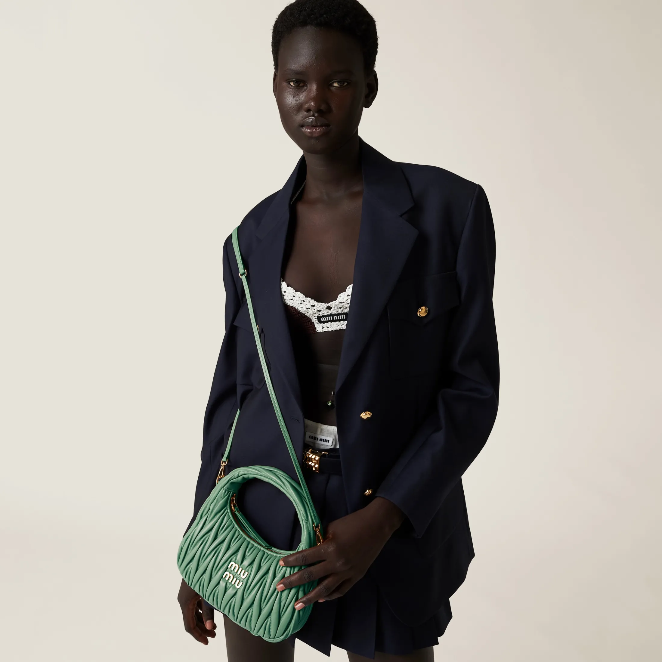 Sage Green Wander Matelassé Nappa Leather Hobo Bag | Miu Miu