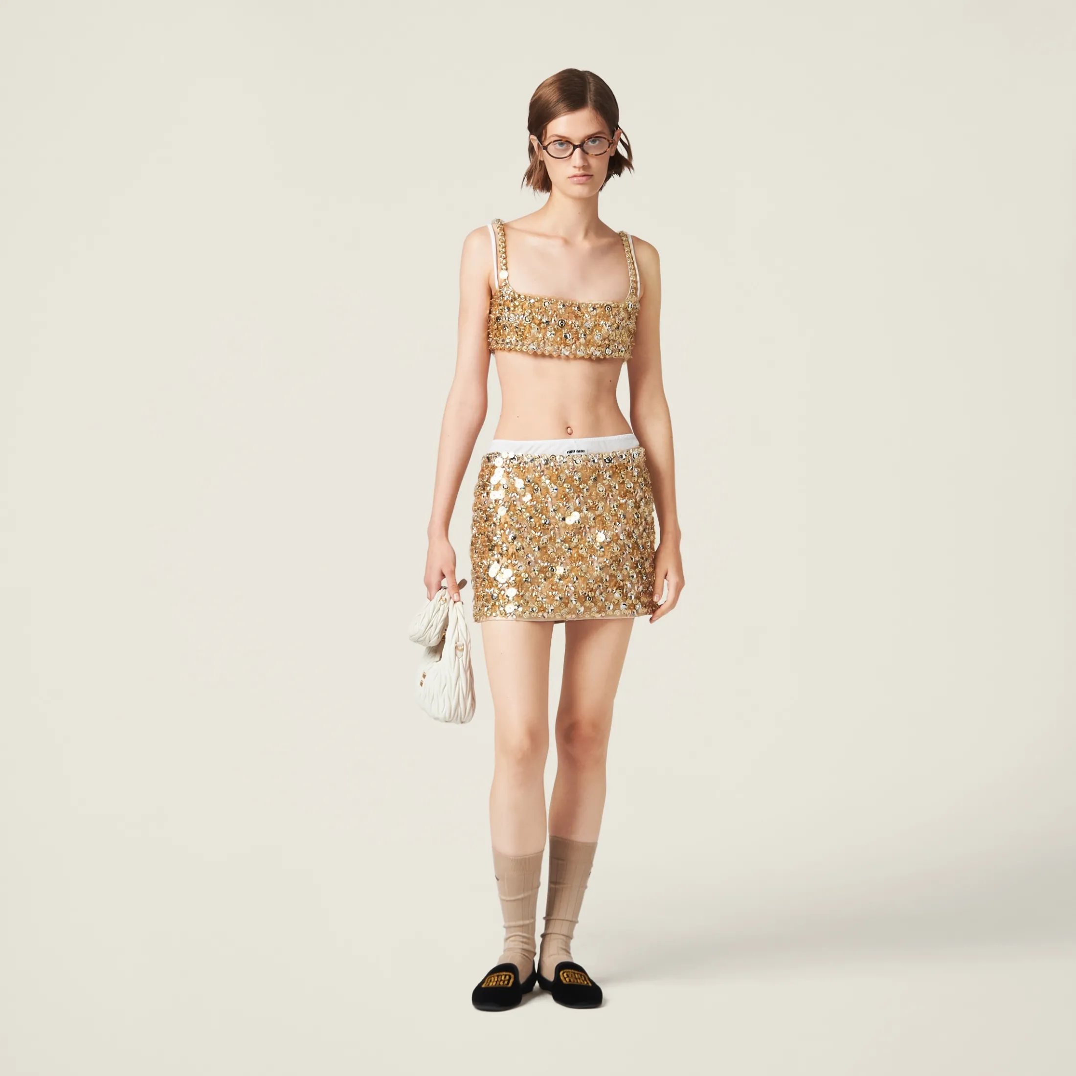 Sand Beige Embroidered Silk And Wool Top | Miu Miu