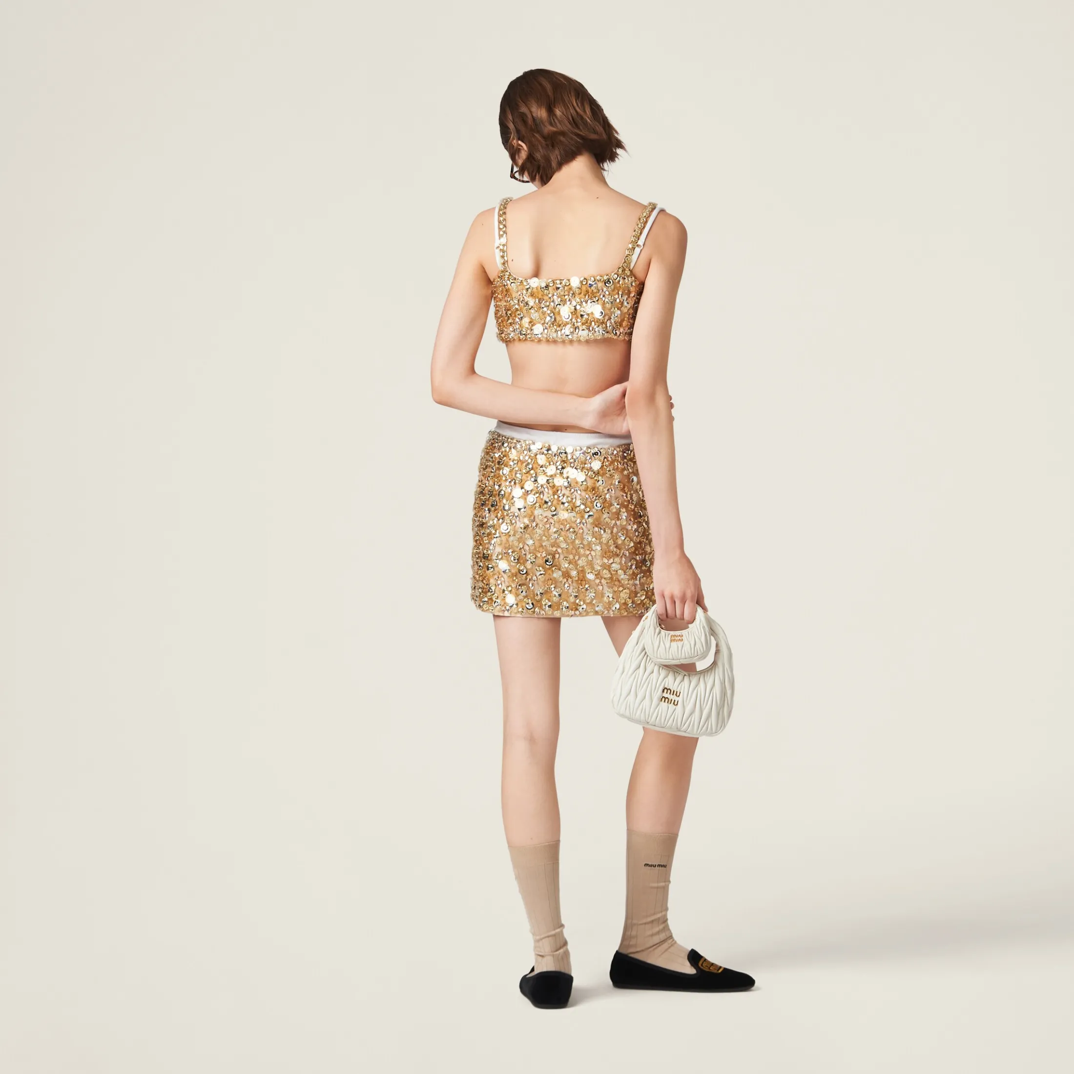 Sand Beige Embroidered Silk And Wool Top | Miu Miu