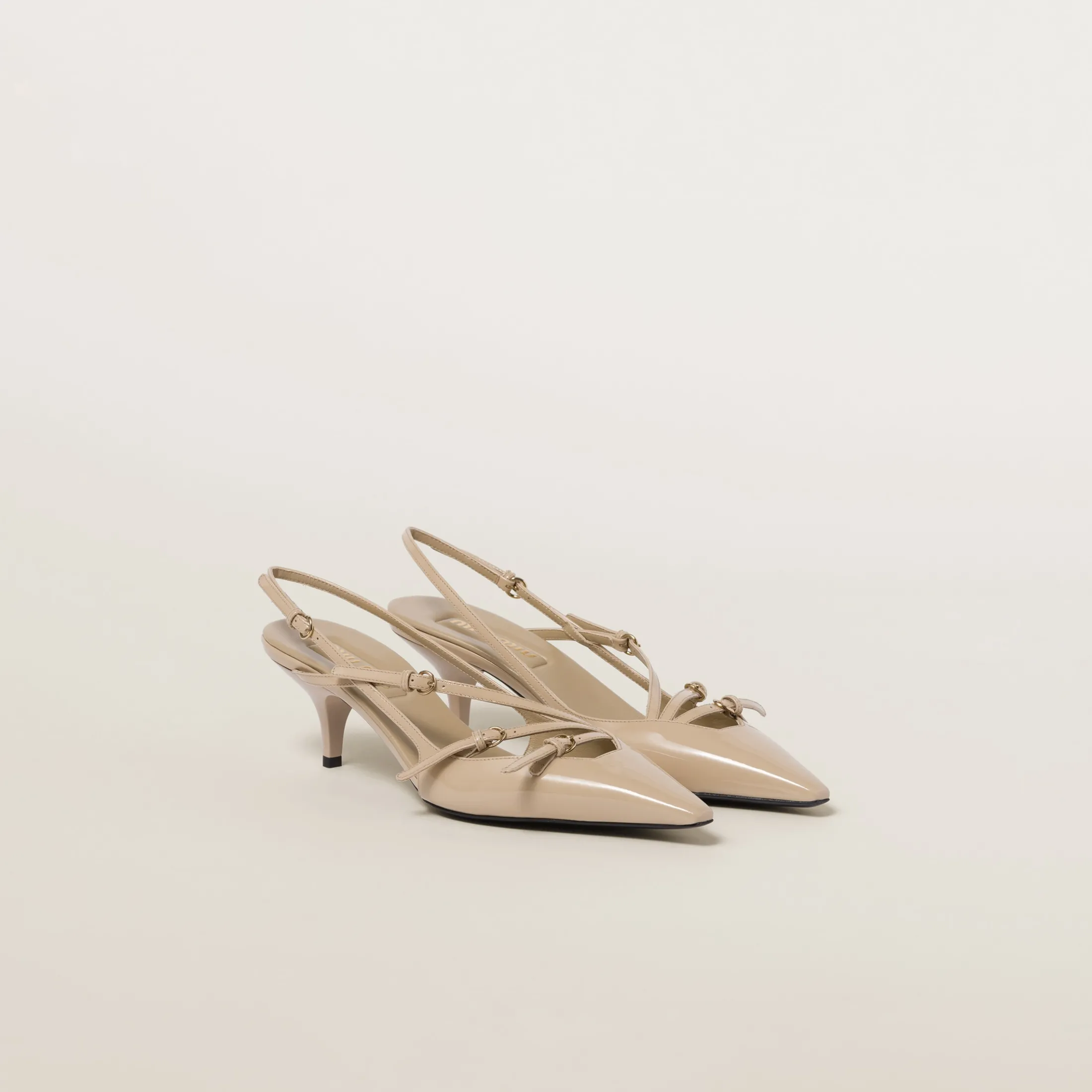 Sand Beige Patent Leather Slingbacks With Buckles | Miu Miu