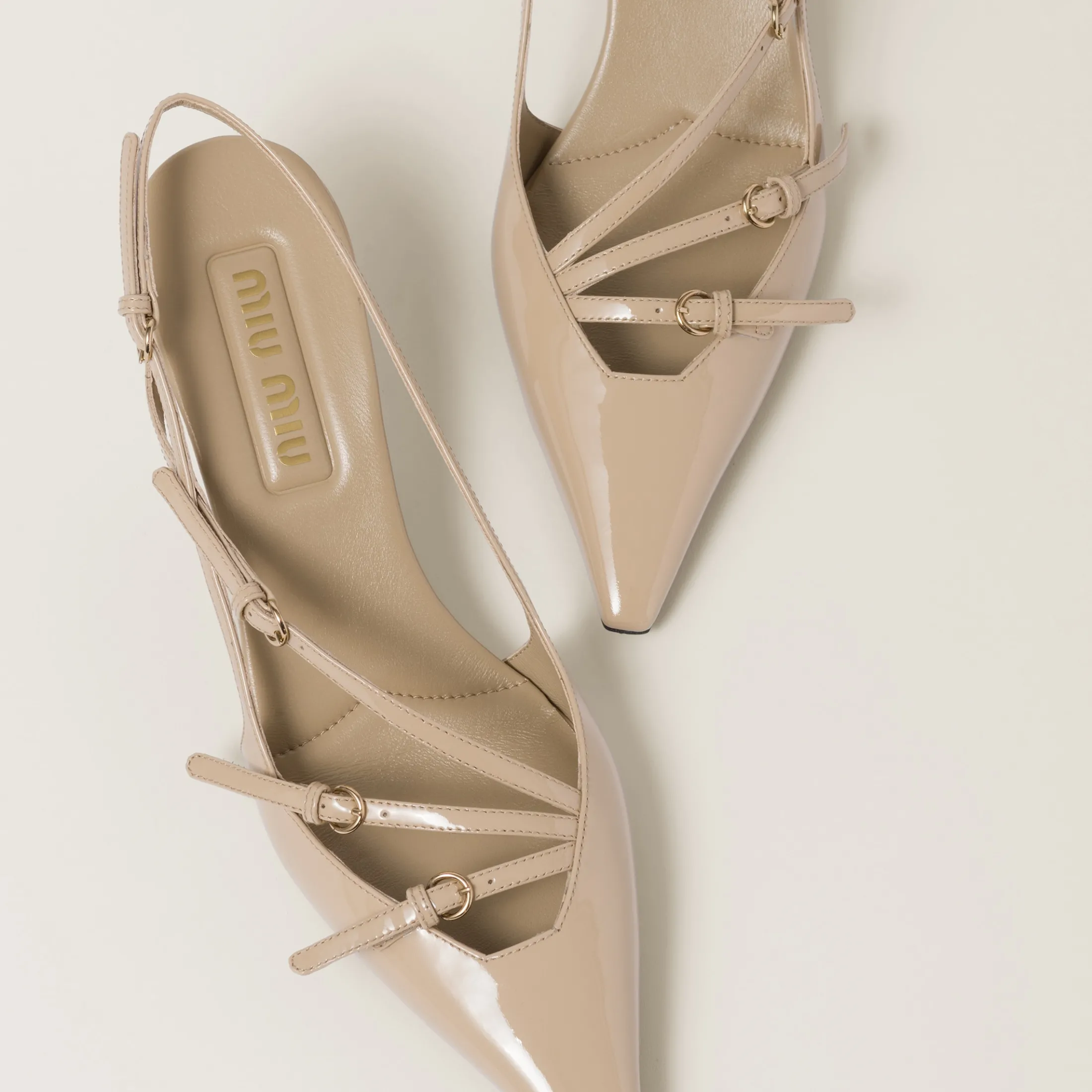 Sand Beige Patent Leather Slingbacks With Buckles | Miu Miu