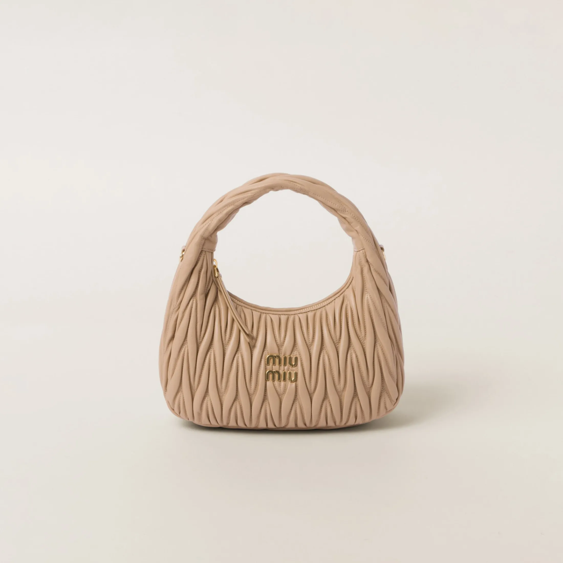 Sand Beige Wander Matelassé Nappa Leather Hobo Bag | Miu Miu