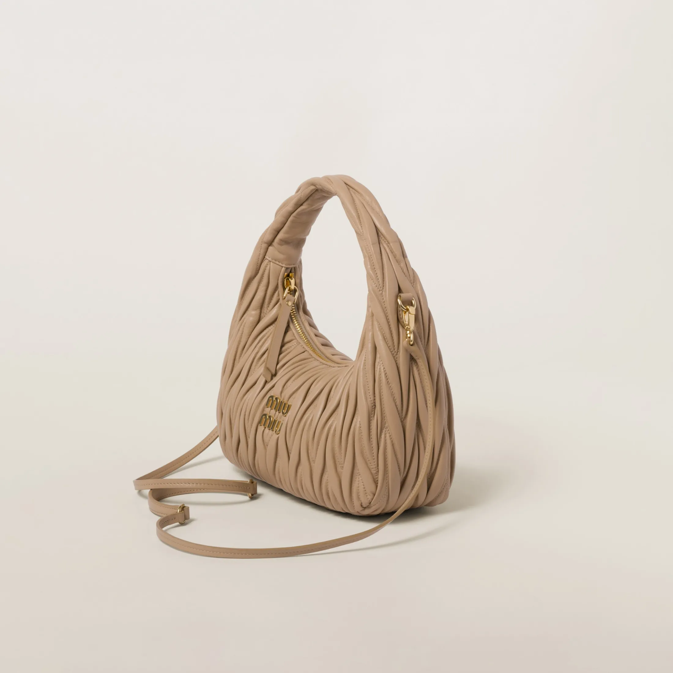 Sand Beige Wander Matelassé Nappa Leather Hobo Bag | Miu Miu
