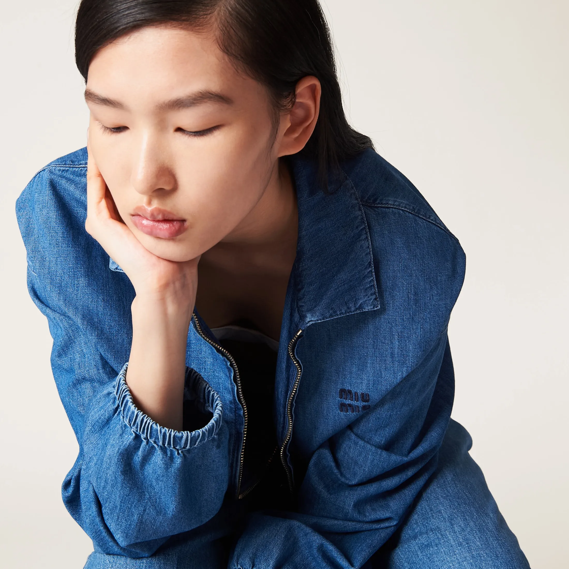 Sapphire Blue Chambray Blouson Jacket | Miu Miu