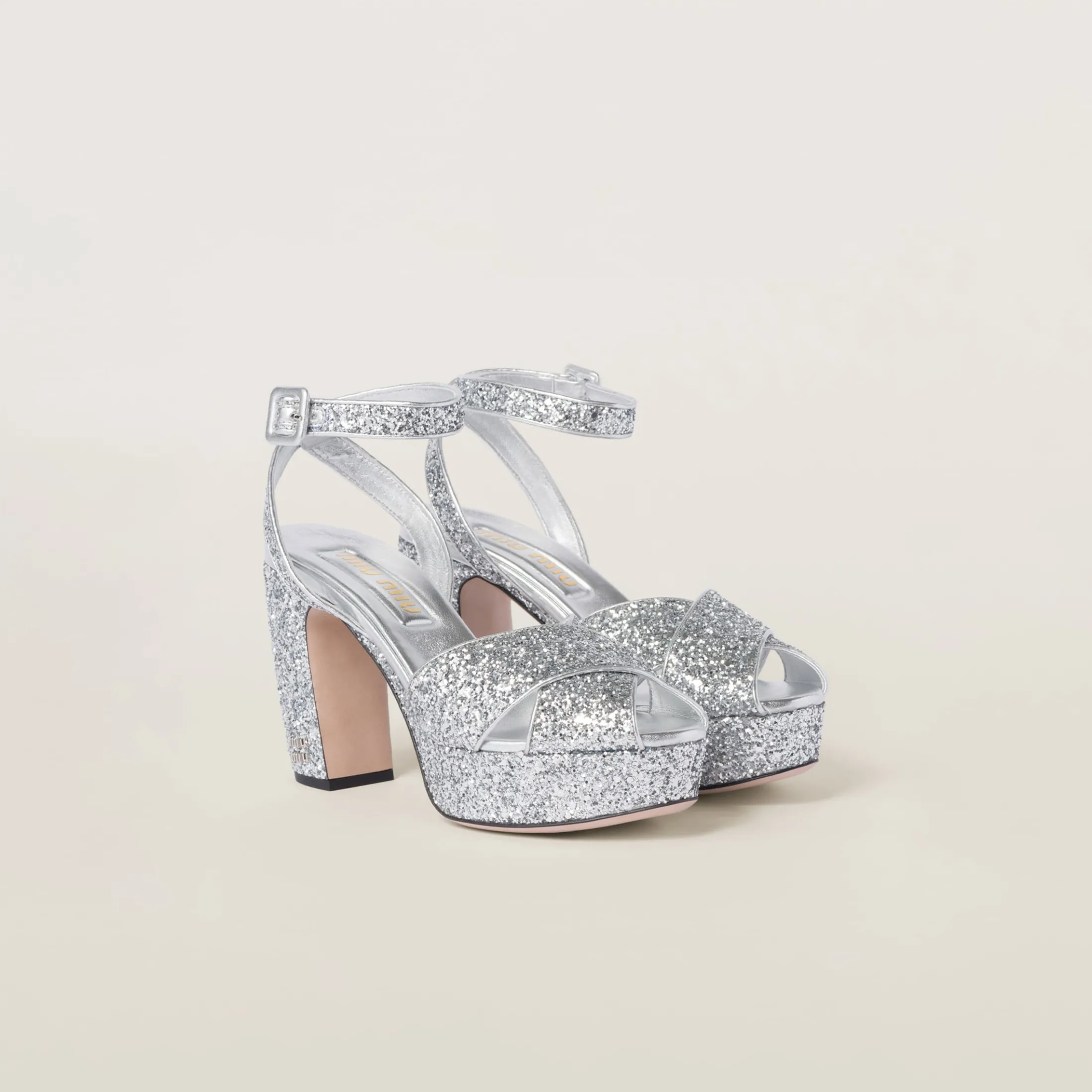 Silver Glitter Sandals | Miu Miu