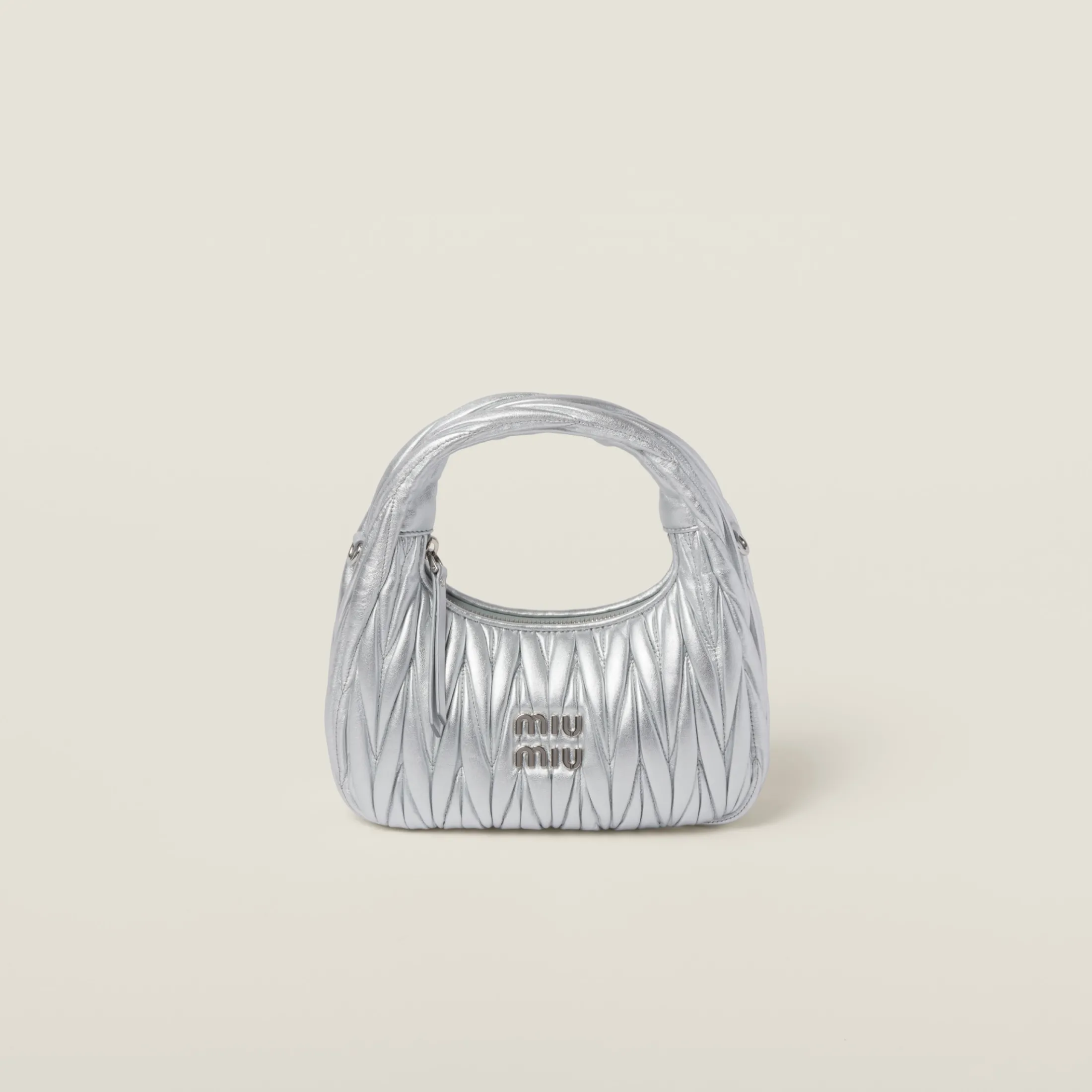 Silver Wander Matelassé Nappa Leather Hobo Bag | Miu Miu