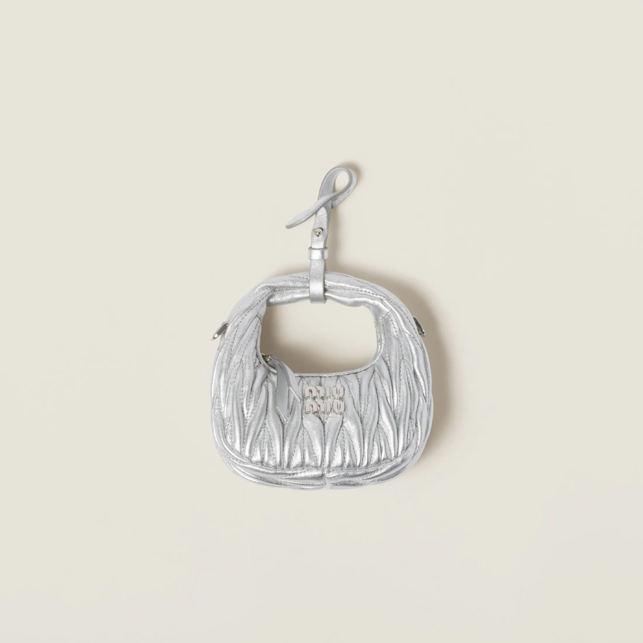 Silver Wander Matelassé Nappa Leather Micro Hobo Bag | Miu Miu