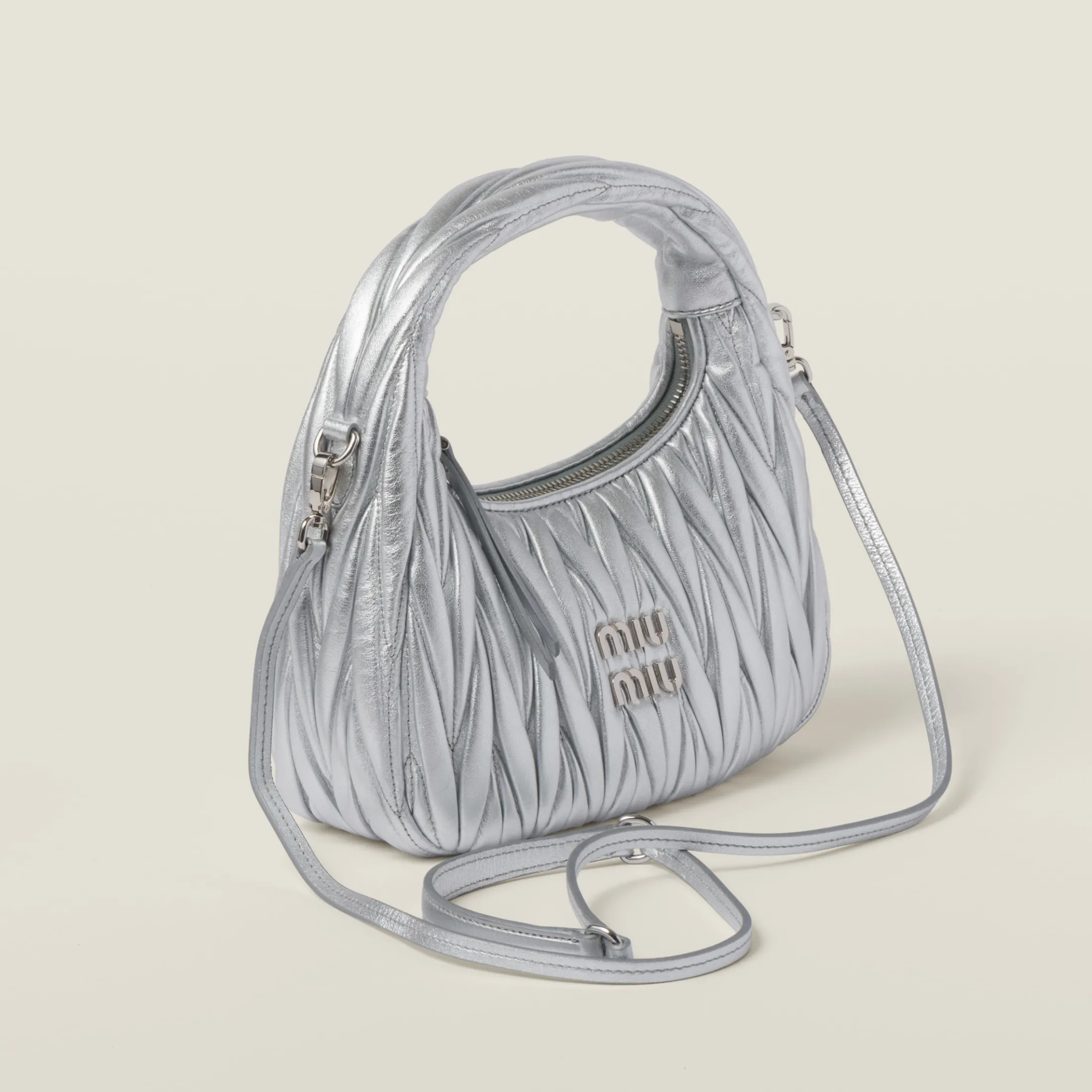 Silver Wander Matelassé Nappa Leather Hobo Bag | Miu Miu