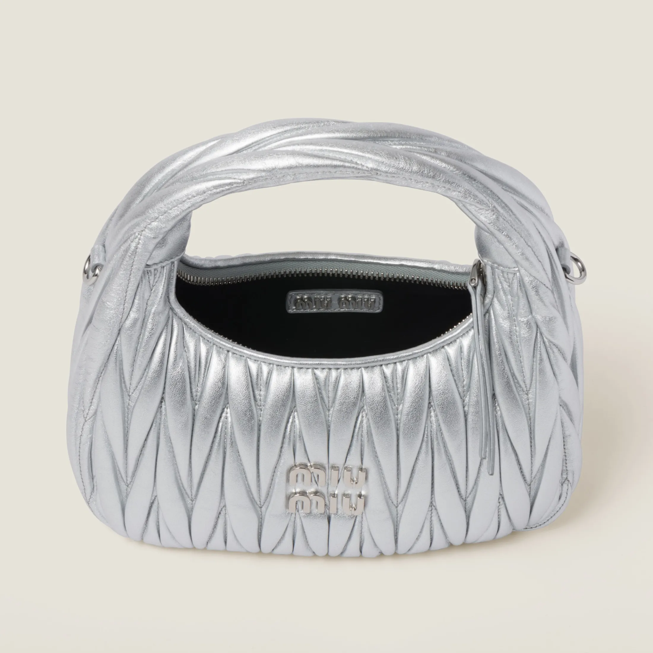 Silver Wander Matelassé Nappa Leather Hobo Bag | Miu Miu