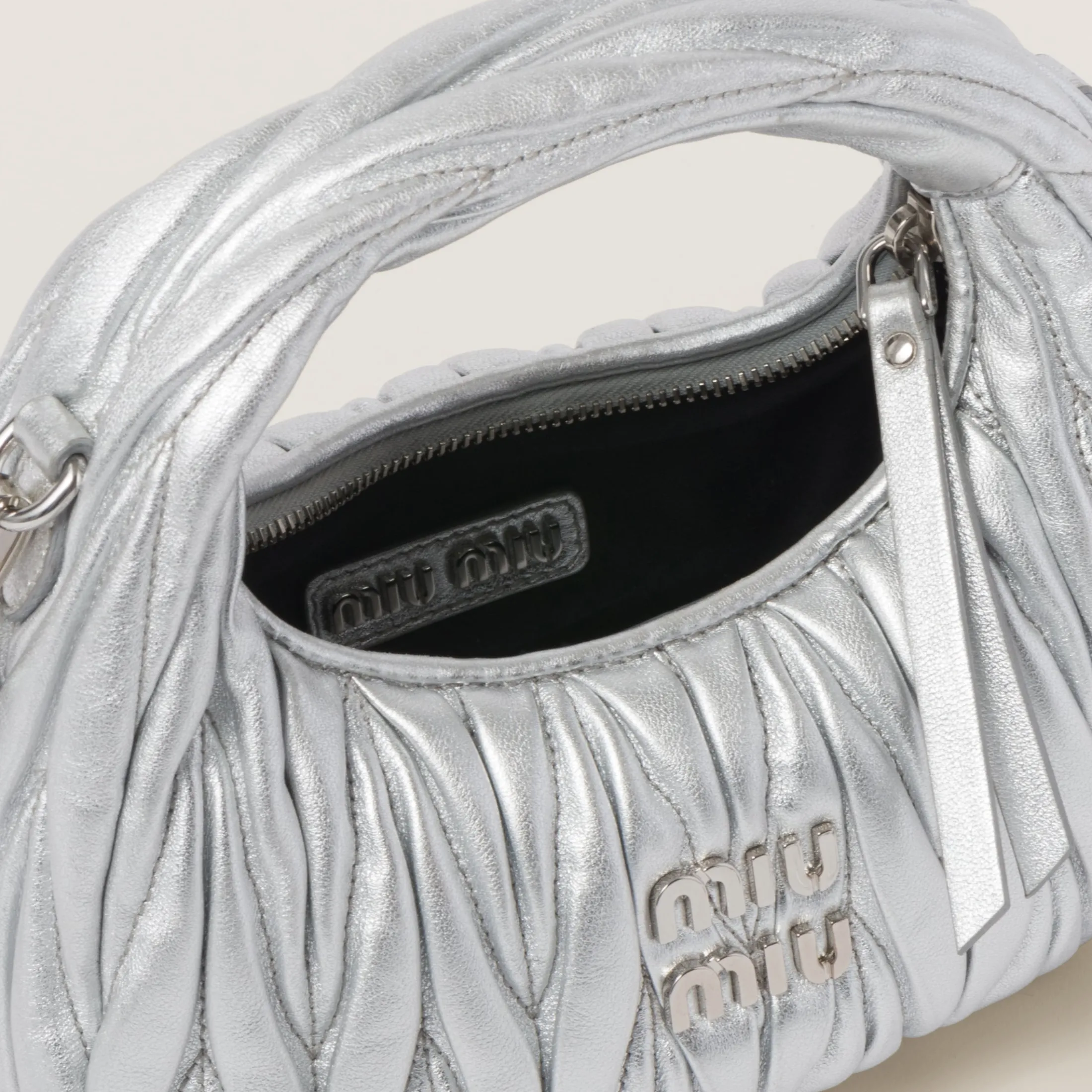 Silver Wander Matelassé Nappa Leather Hobo Mini-bag | Miu Miu