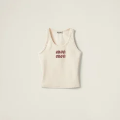 Tan / Pink Ribbed Jersey Top | Miu Miu