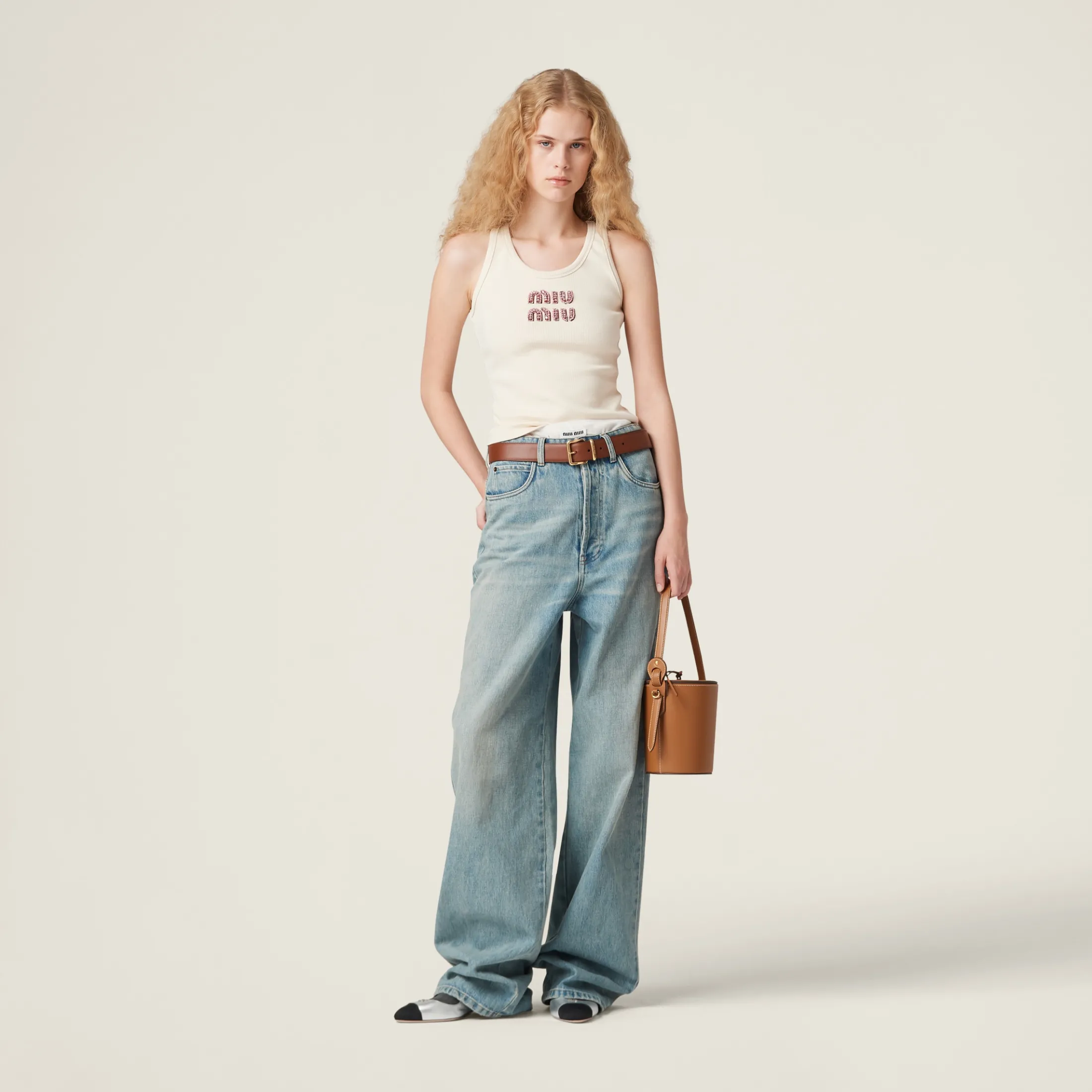 Tan / Pink Ribbed Jersey Top | Miu Miu